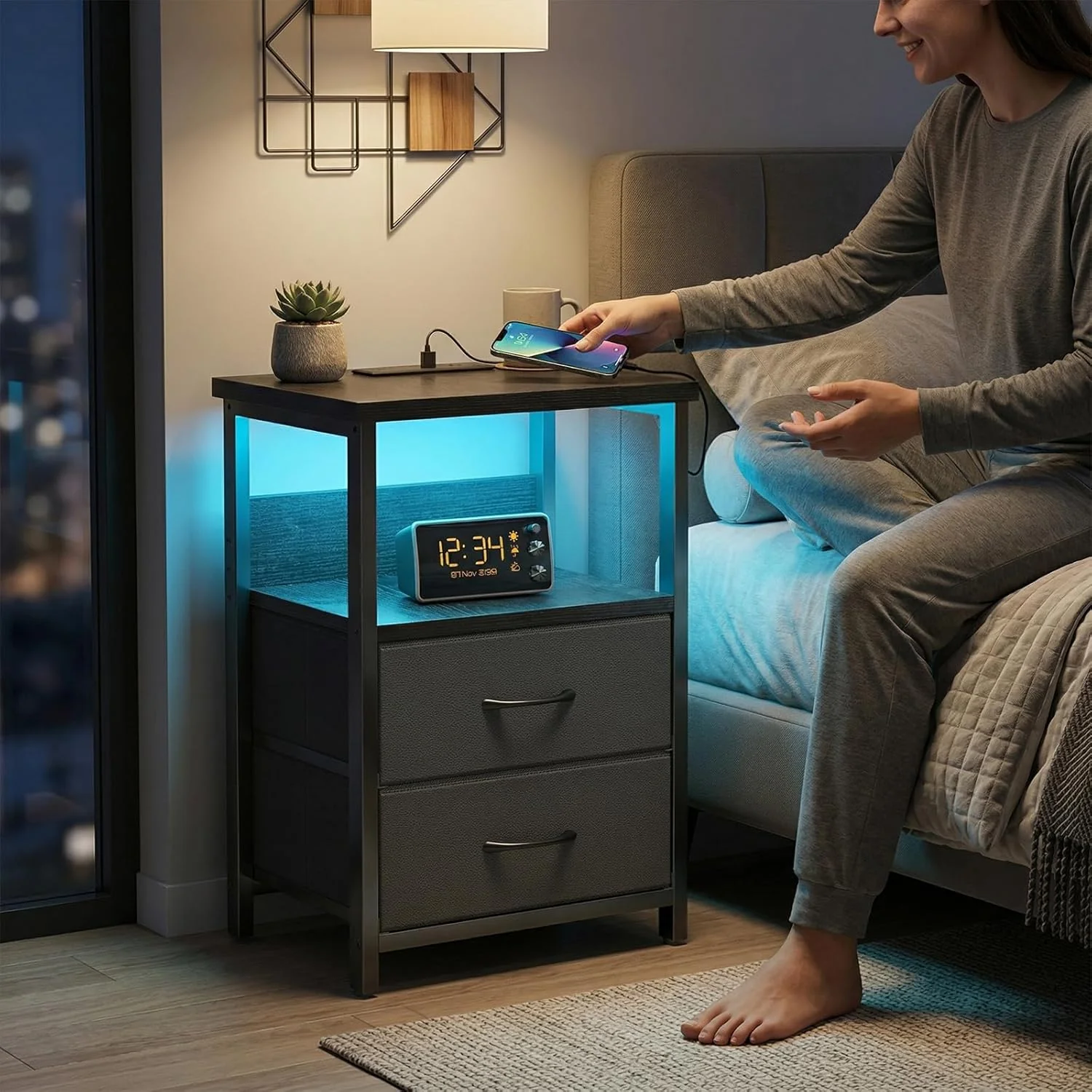 Black LED Nightstand with Charging Station, 2 Fabric Drawers & Open Shelves