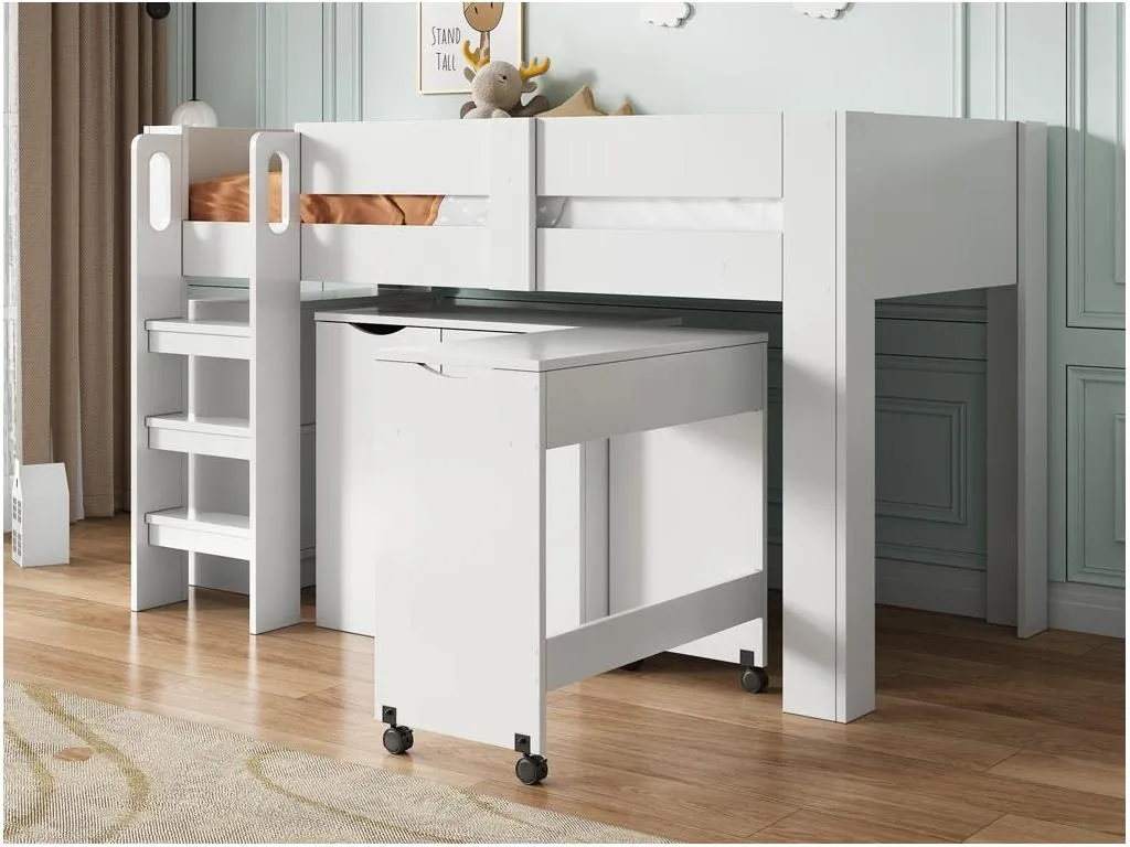 Cama entreplanta infantil 90x200 cm - en MDF - con escritorio retráctil y armario extraíble - Blanco