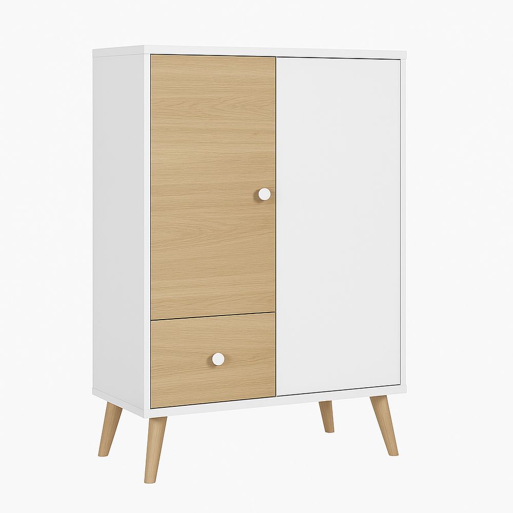 Armario moderno de madera,diseño escandinavo,2 puertas,2 cajones,color blanco y madera natural,almacenamiento funcional