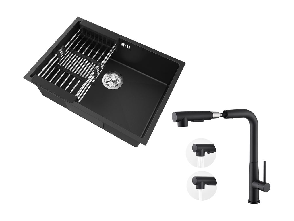 Casaplu Fregadero Cocina 1 Bandeja 60*44*20CM,inox 304, empotrado/subplano con Cesta de drenaje,Negro+Grifo Cocina con Ducha Extraíble,Negro