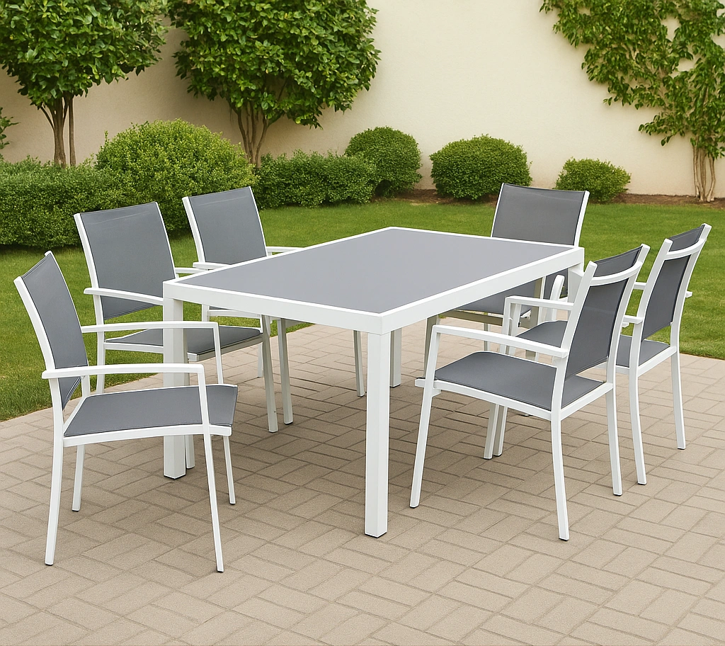 Conjunto comedor exterior Blanco/Gris acero textileno jardín terraza - EPPyqwF385Cn