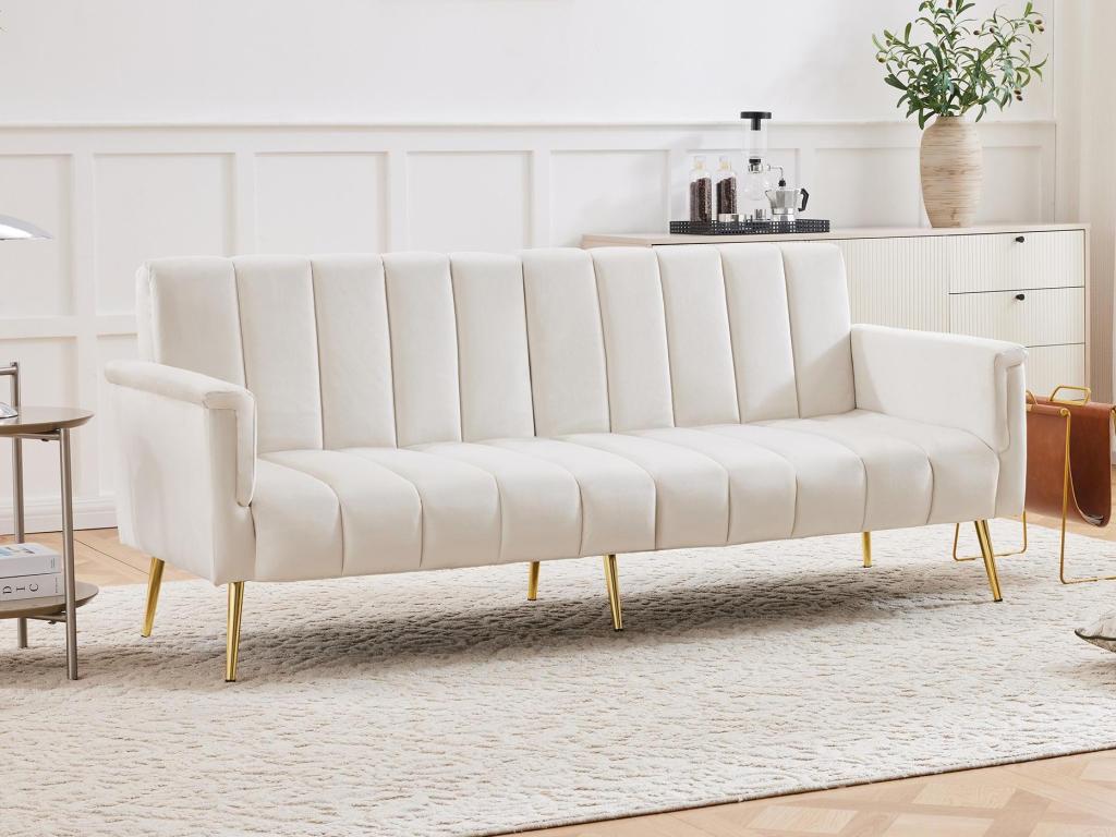 Sofá cama convertible de 3 plazas en tejido de terciopelo - beige