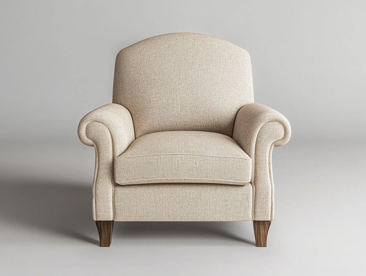 Sillón tapizado en tela beige con brazos curvos y respaldo alto – estilo clásico y elegante