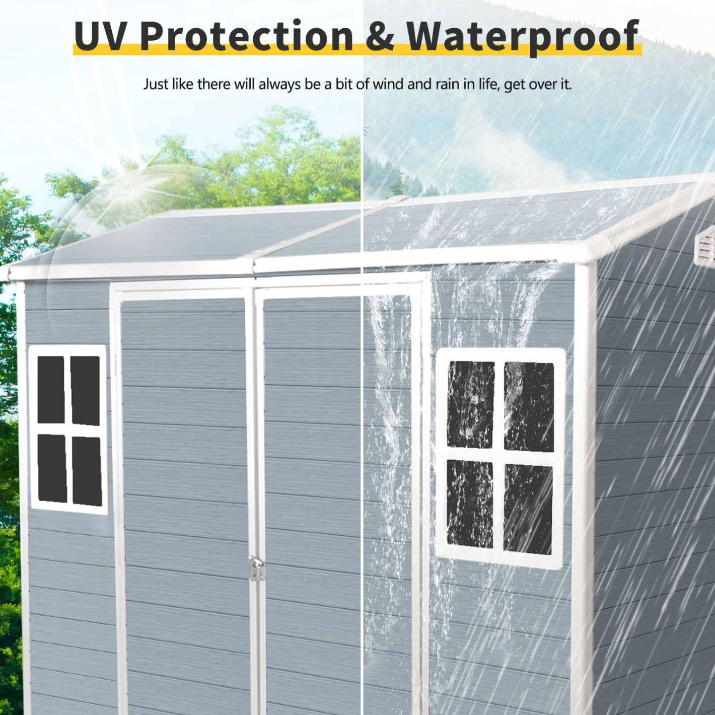8x4 FT Outdoor Storage Shed with Floor, Resin Garden Sheds with Lockable Door, Vents & Windows, Weather Resistant Tool Shed with Sloped Roof for Backyard Patio, Grey - Image 4