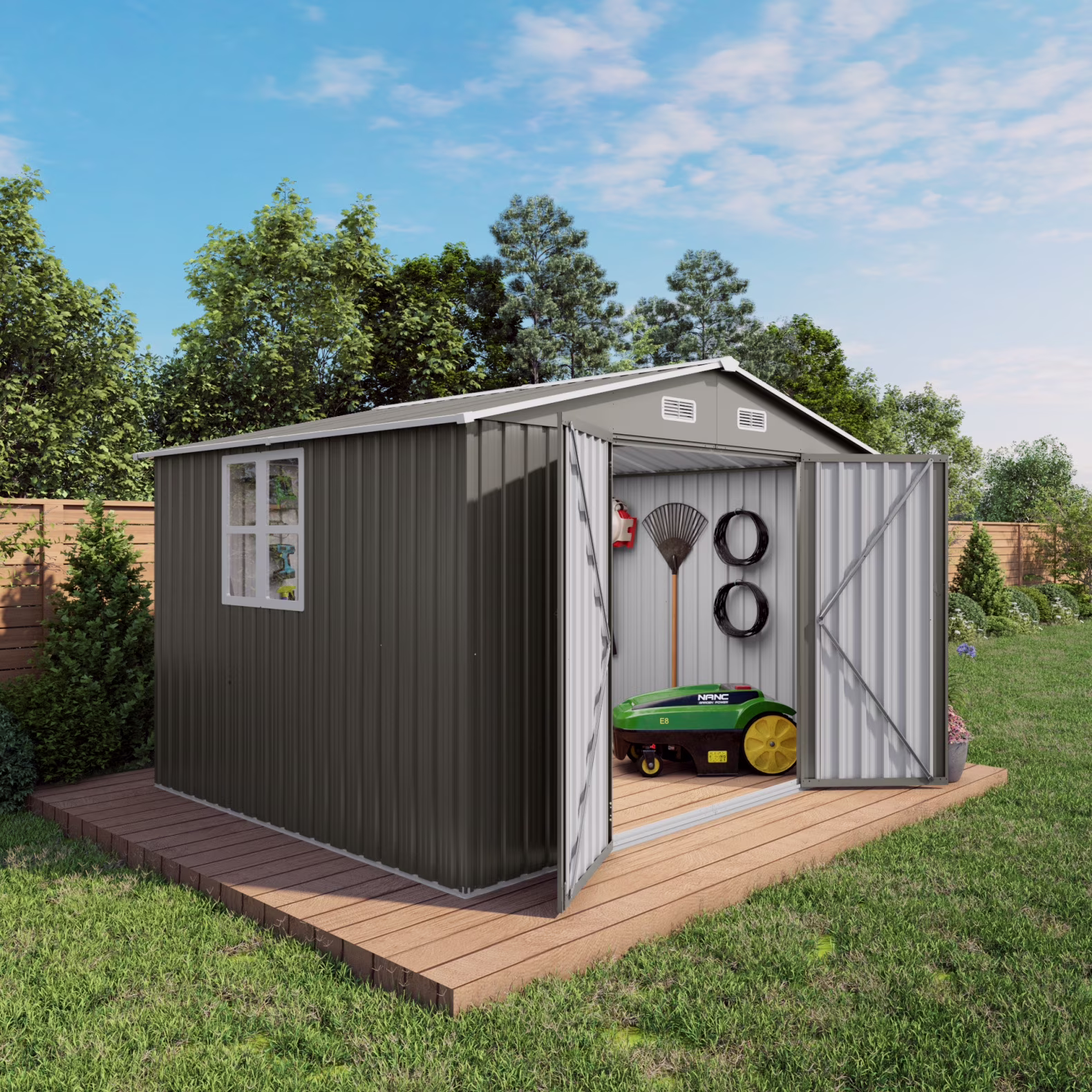 10 x 8 FT Outdoor Storage Shed, Large Metal Storage Shed, Lockable Door and Air Vent, Clear Window Garden Tool Shed for Bicycles, Tools, Lawnmowers, Backyards, Patios, Lawns - Gray(115.3''??94''??76.3'')