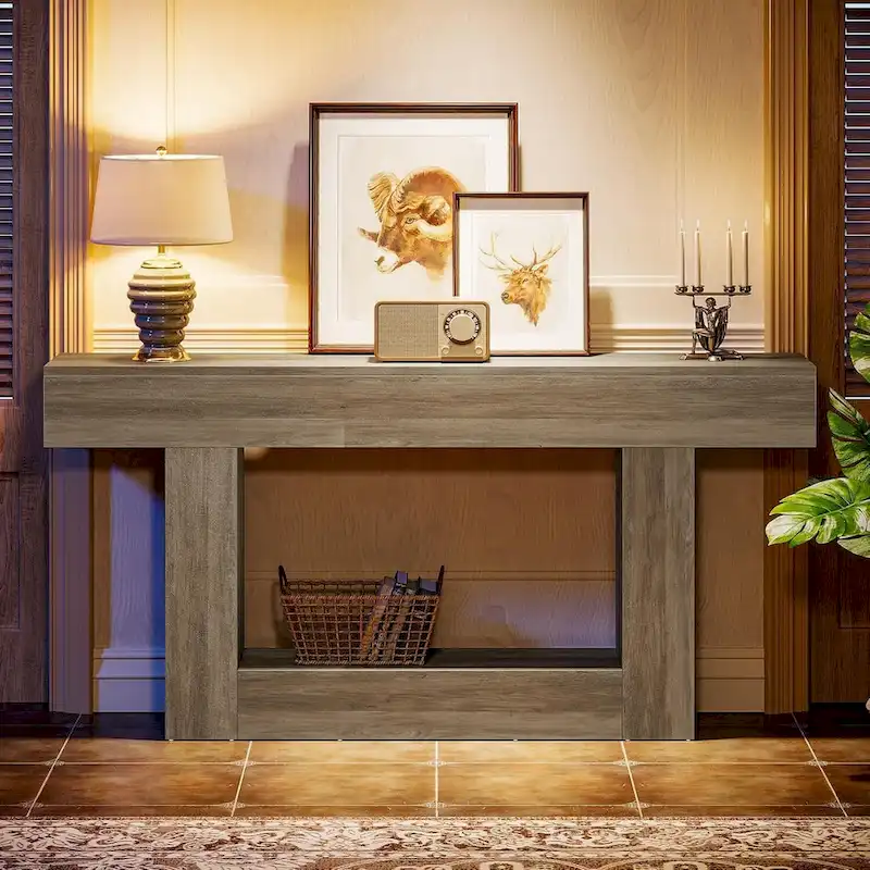 63-Inch Brown and Gray Slim Wooden Console Table for Entryway