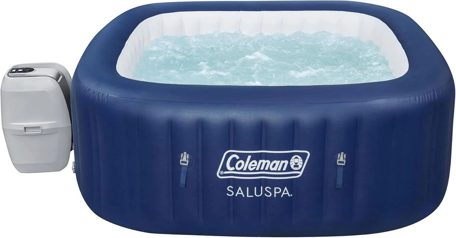 4 to 6 Person Inflatable Hot Tub Square Portable Outdoor Spa with 114 Soothing AirJets and Insulated Cover, Gray-Coleman