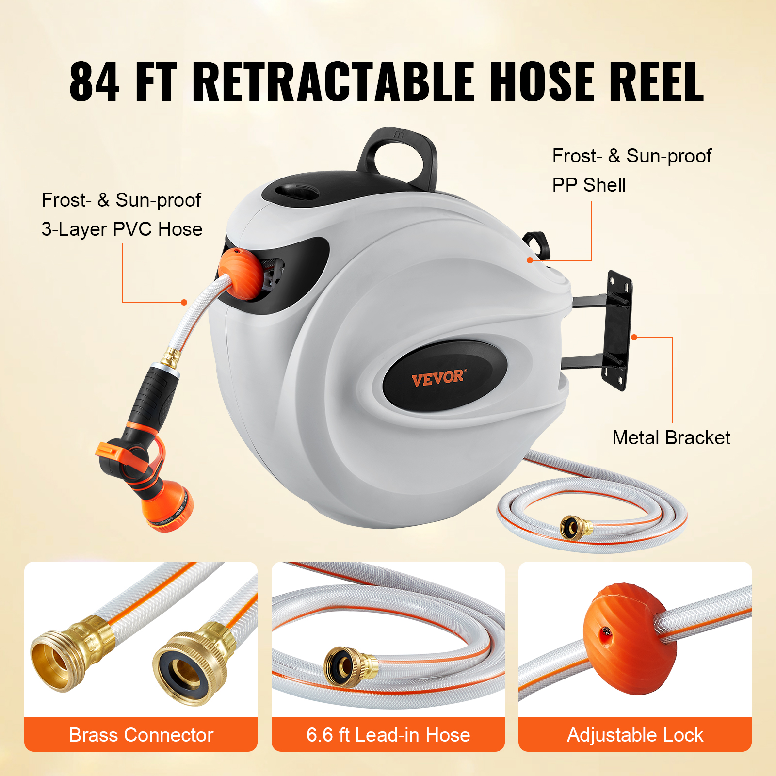 VEVOR Retractable Hose Reel, 84 ft x 5/8 inch, 180- Swivel Bracket Wall-Mounted, Garden Water Hose Reel with 9-Pattern Nozzle, Automatic Rewind, Lock at Any Length, and Slow Return System - Image 6