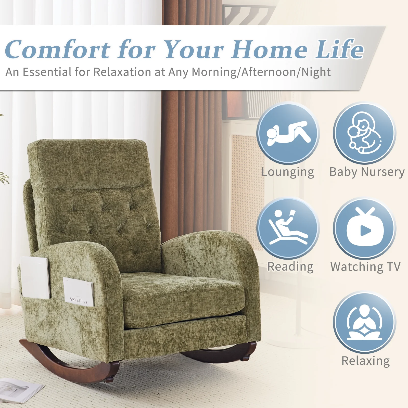 Ktaxon Rocking Accent Chair Glider Reading Chair Comfy Teddy Velvet Upholstered Single Sofa Rocker for Living Room, Nursery, Bedroom Beige - Image 46
