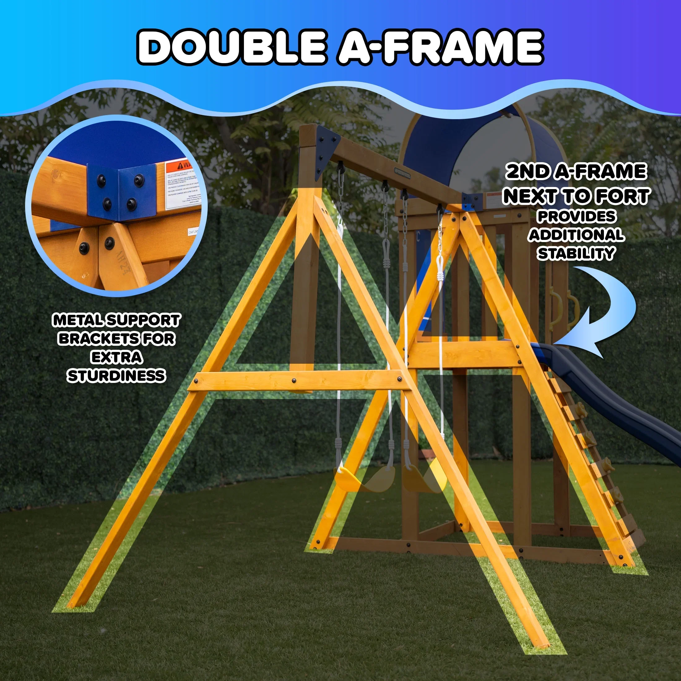 Sportspower Amelia Wooden Swing Set with 2-Person Saucer Swing, 6' Blow Molded Slide, Swing, Play Fort, Heavy Duty Double A-Frame, Lifetime Warranty on Slide