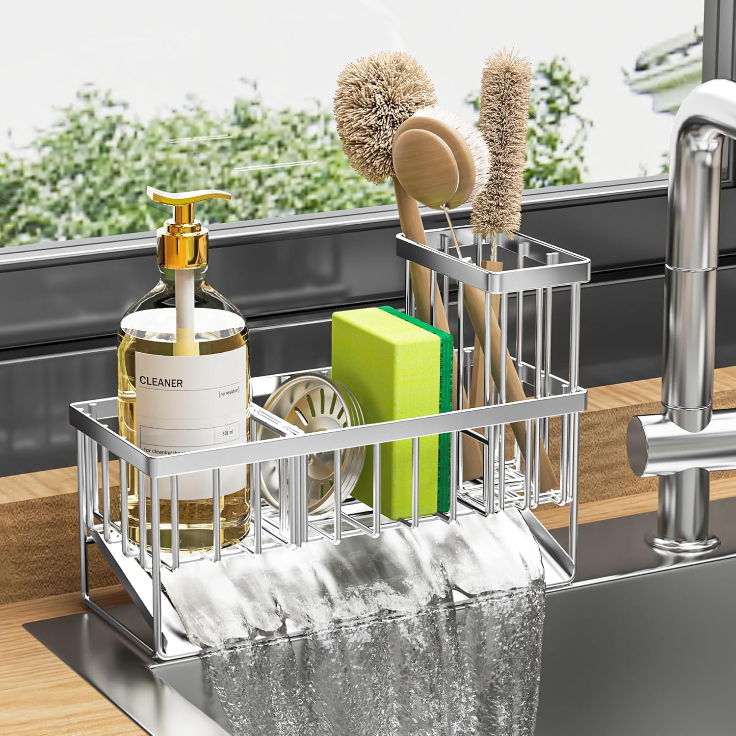 Cisily Sink Caddy Organzier with High Brush Holder, Sponge Holder for Sink, 304 Rustproof Stainless, Kitchen Countertop Soap Dispenser Organizer, Dark Gray Kitchen Decor and Accessories
