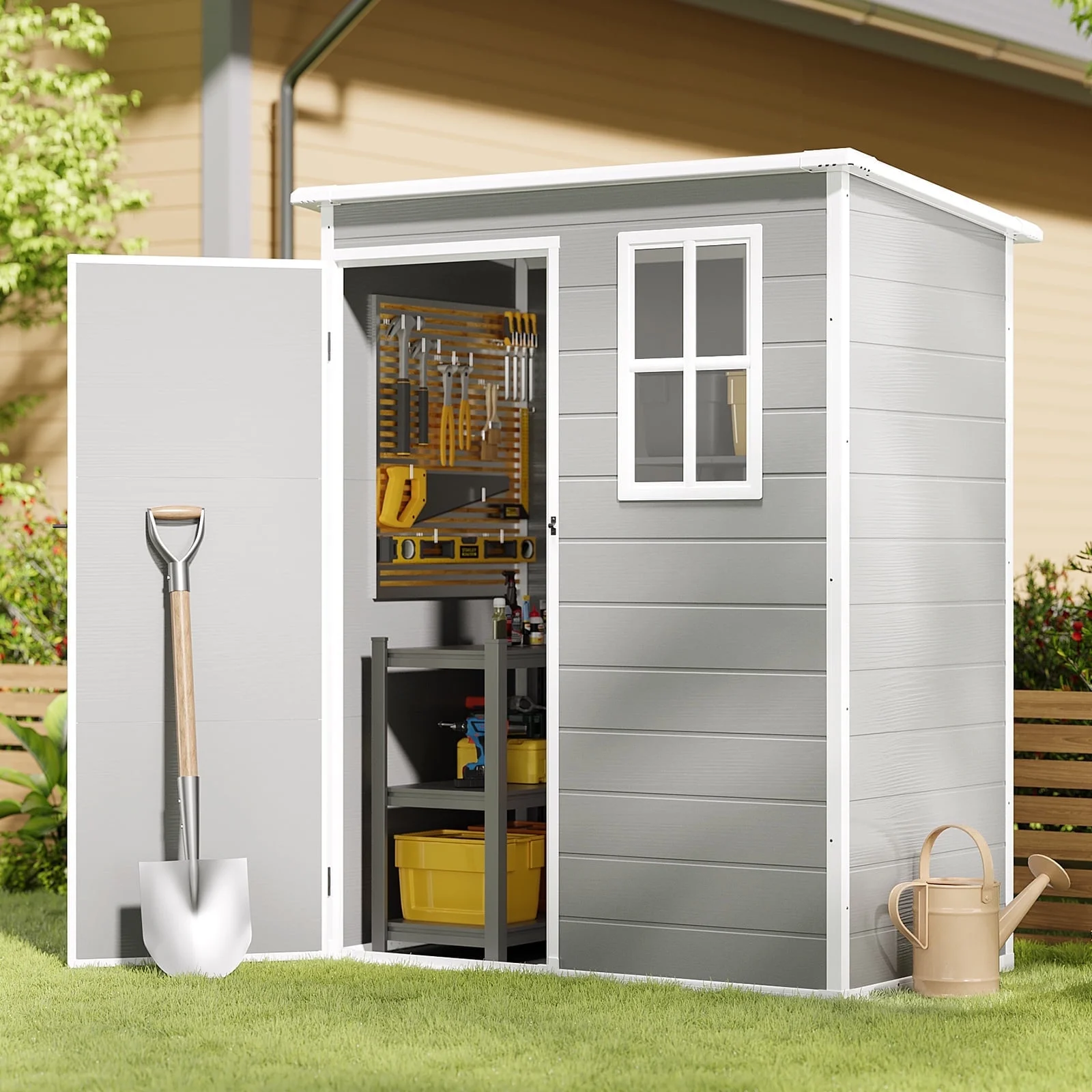 5x3ft-16.6 sq. ft.- Outdoor Storage Shed, Asofer Resin Storage Shed, Plastic Garden Shed for Garden, Gray - Image 4