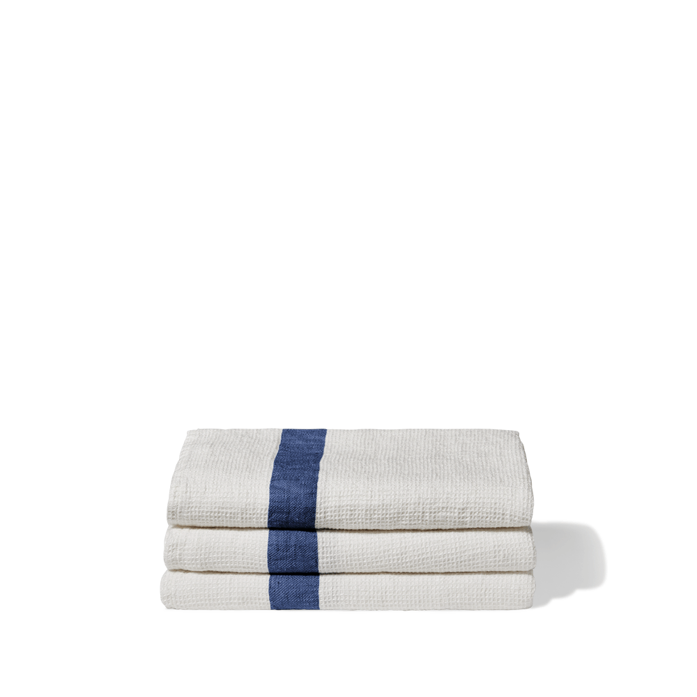 Serviette de bain en lin - Nid d'abeille - Bande Bleu Shibori