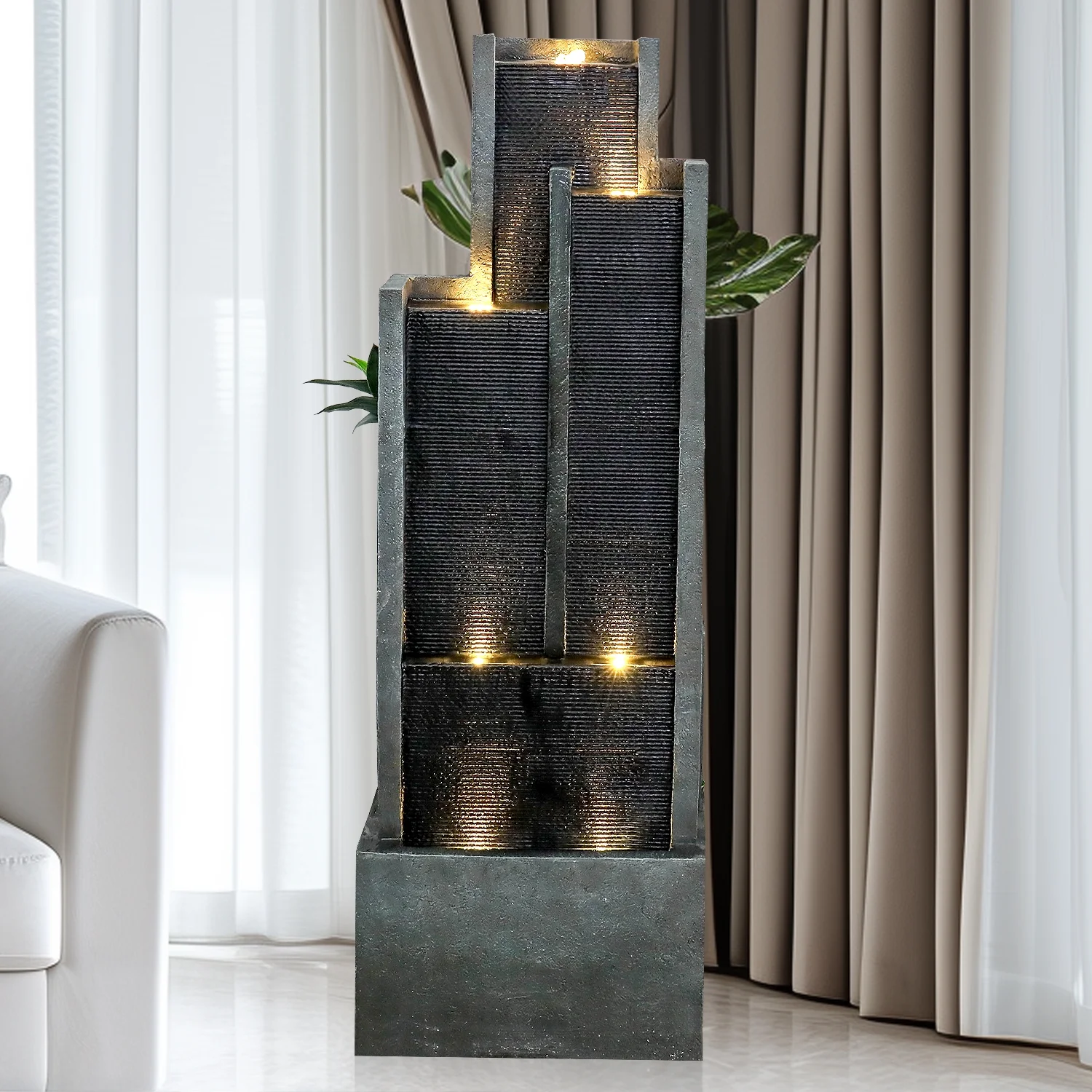 4-Tier Water Fountain with LED Lights - 50.7" H Waterfall Fountain Indoor Outdoor Water Feature for Home, Patio, Garden - Image 3