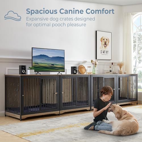 71'' Dog Crate Furniture for 2 Large Medium Dogs, XXL Wooden Indoor Double Crate Kennel Cage Large Breed with Door, TV Stand End Table with Divider, No Cushion,Brown