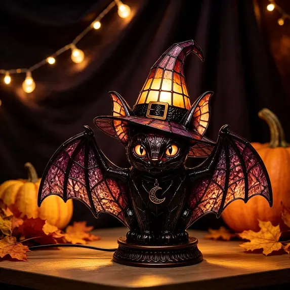WitchLight™ Bat-Wing Cat Lamp - Gothic Halloween Stained Glass Accent Lamp
