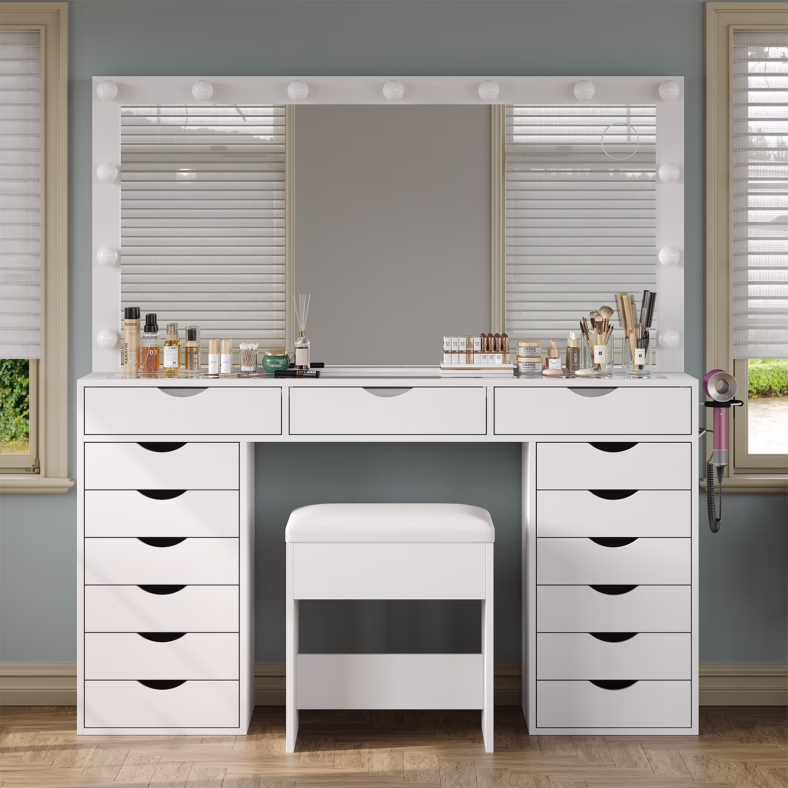 Yanosaku 15 Drawers Vanity Desk with Power Outlet, Makeup Table with Mirror and 13 LED Lights, 3 Color Lighting Modes, Brightness Adjustable, Glass Top Dressing Table, Vanity Set for Bedroom
