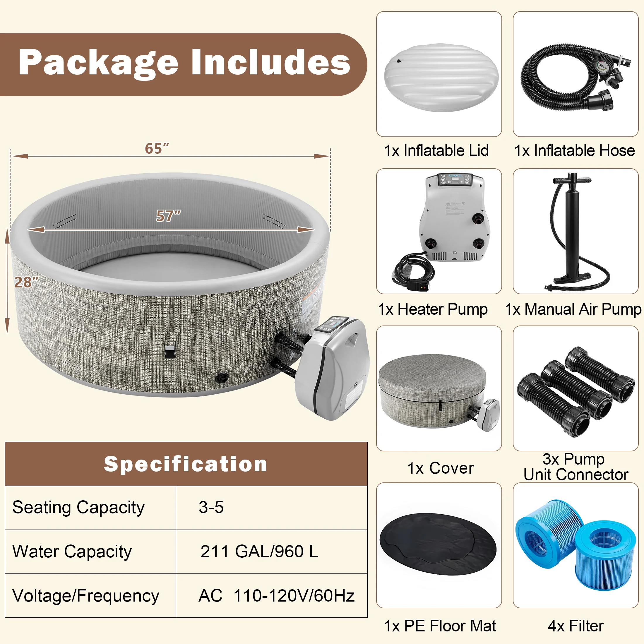 Round Hot Tub Surround Furniture, Spa Surround Outdoor Rattan Sectional Sofa Set with Mini Sofa, Solid Acacia Wood Hot Tub Storage Surround Patio Furniture Set, Gray Cushion - Image 35