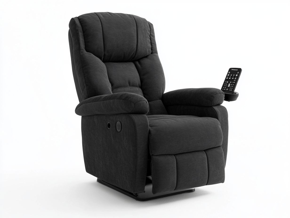 Sillón reclinable de tela negra con masaje y control remoto 90x94x104cm, reclinado 90x158x84cm