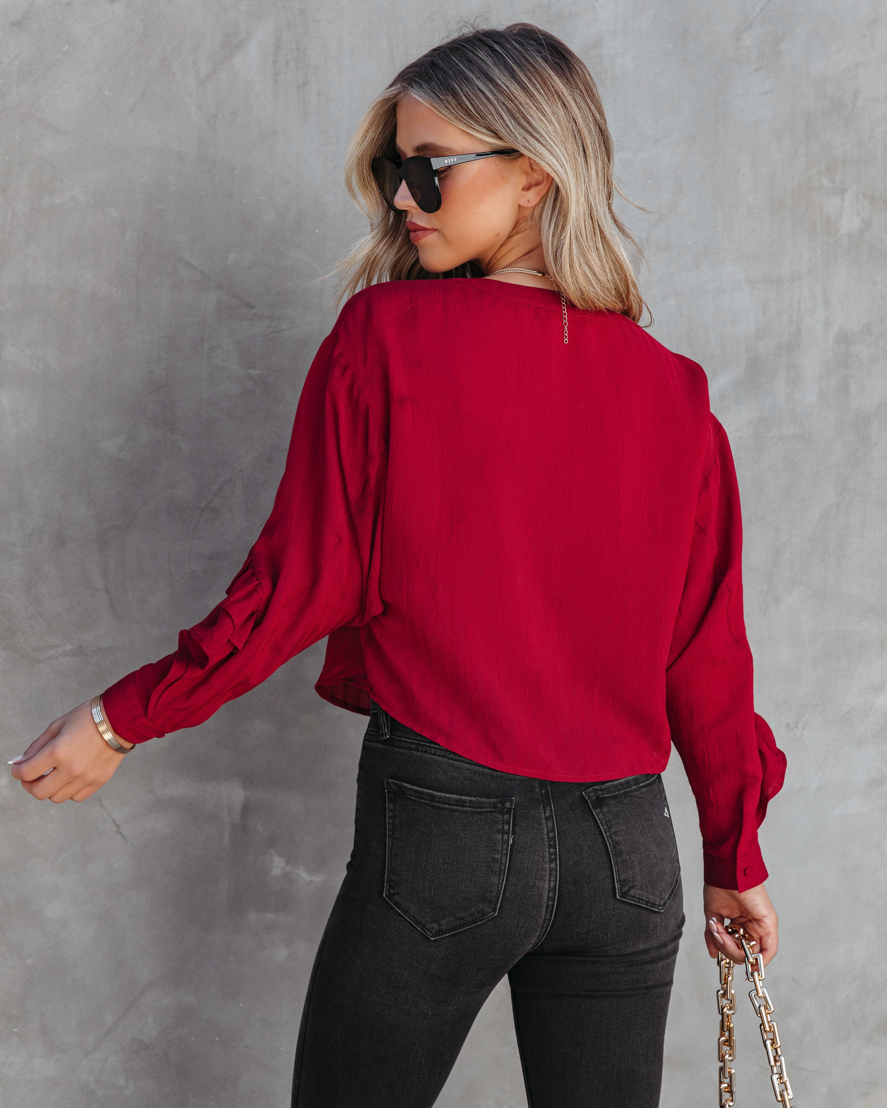 Mary Ruffle Button Down Top - Wine - Se7enfashion