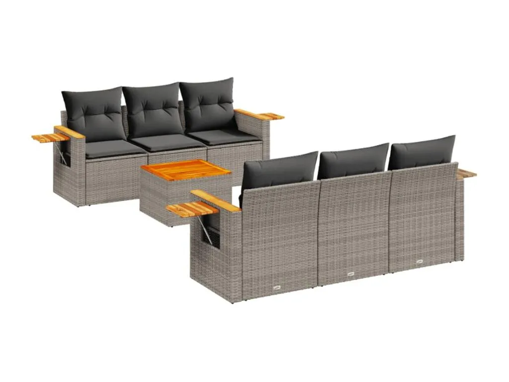 Hogarmini Set de sofás de jardín 7 piezas con cojines ratán PE gris wzfy22568