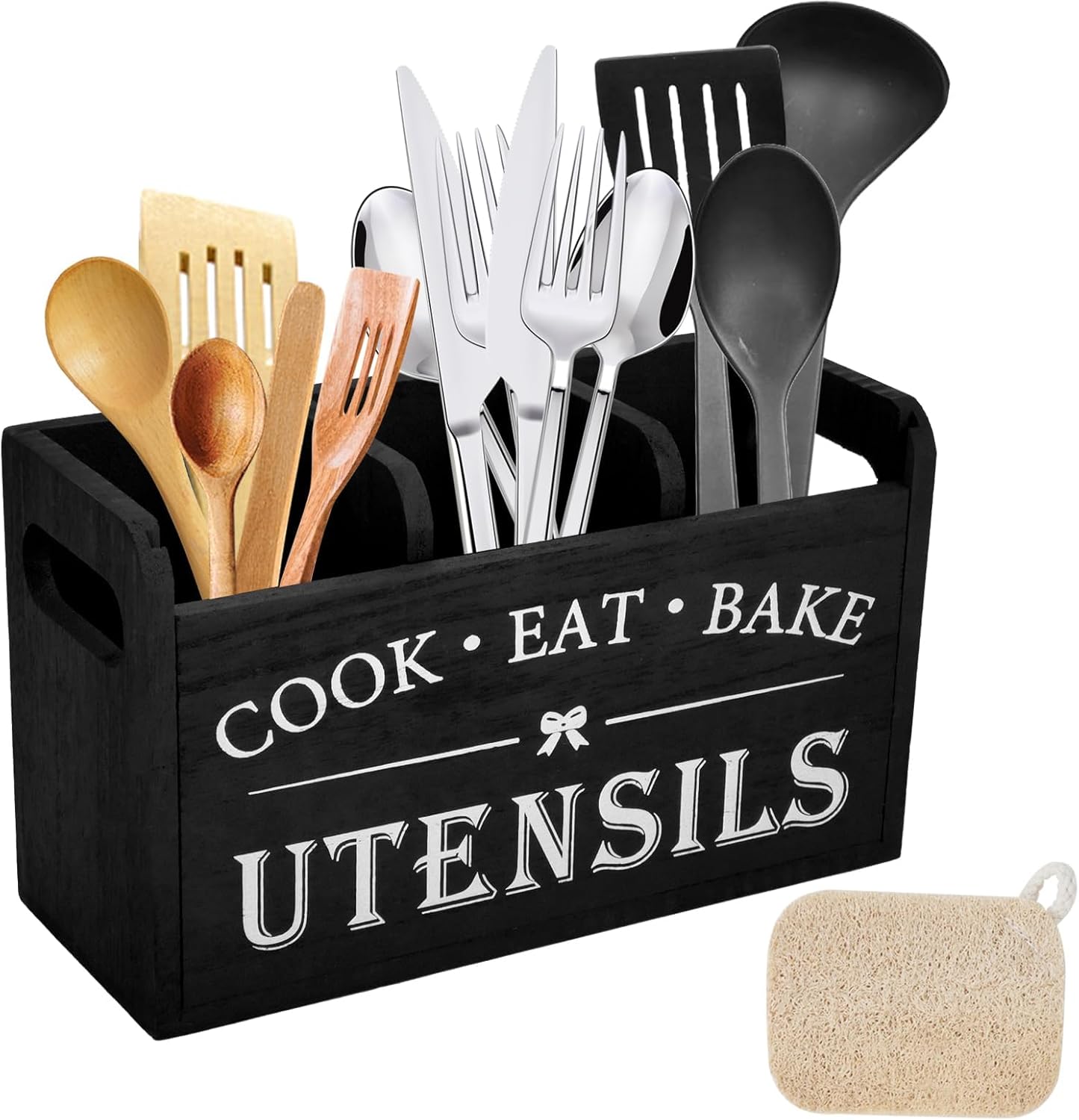 Kitchen Utensil Holder for Kitchen Counter, 3 Compartments Large Utensil Organizer with Drainer, Wooden Cutlery Caddy Holder, Cooking Tools Storage (Black)