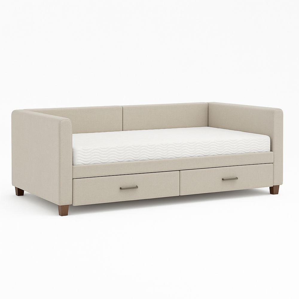 Sofá cama contemporáneo con almacenamiento, tejido de poliéster en color beige, estructura de madera, ideal para habitaciones pequeñas