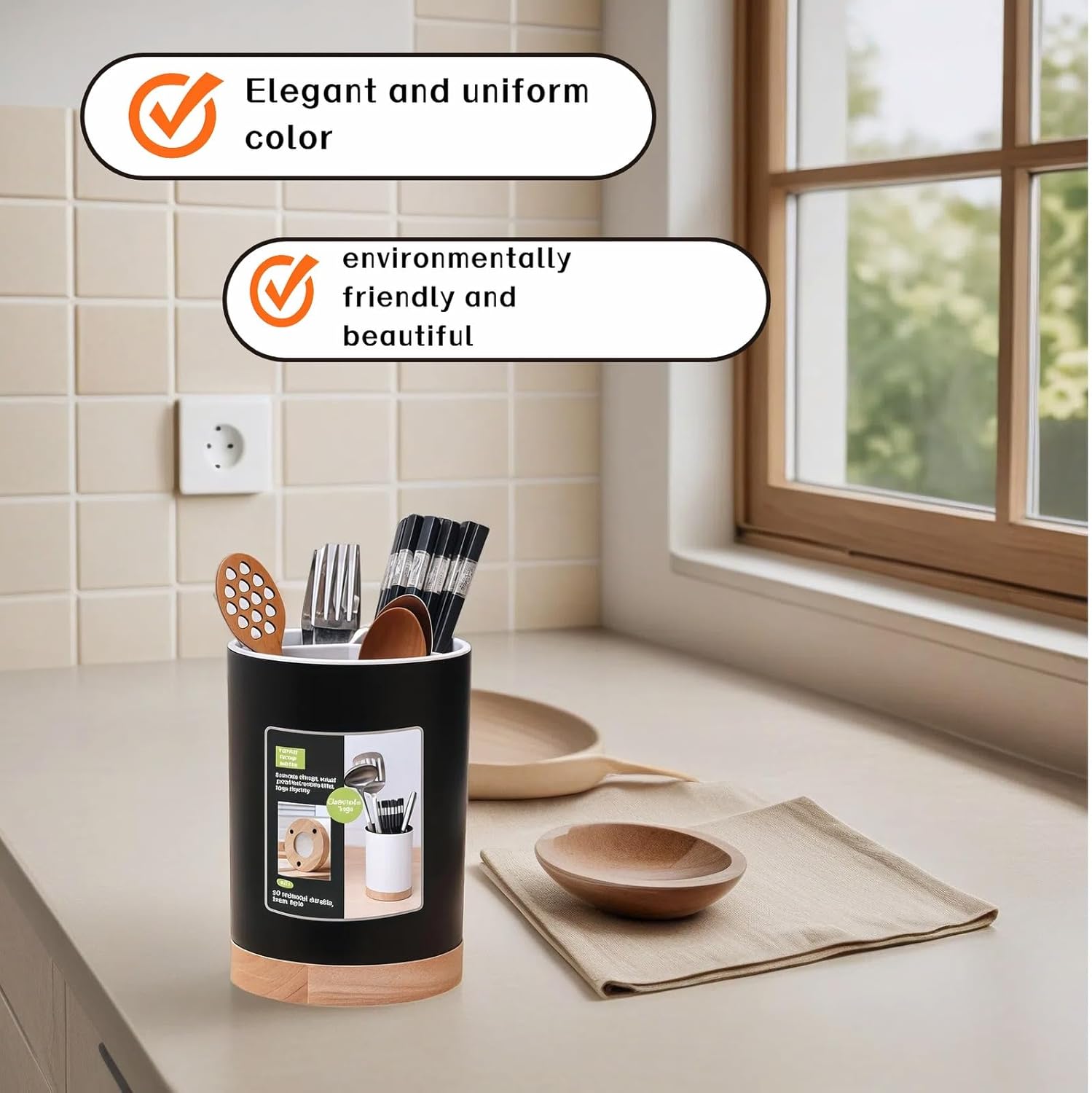 BUBBLE-FLY Modern Kitchen Utensil Holder with Drainage, Black and Wood Base, 3 Compartment Divided Organizer for Spoons Forks Knives, Countertop Caddy for Cooking Tools and Cutlery Storage- Non-Slip