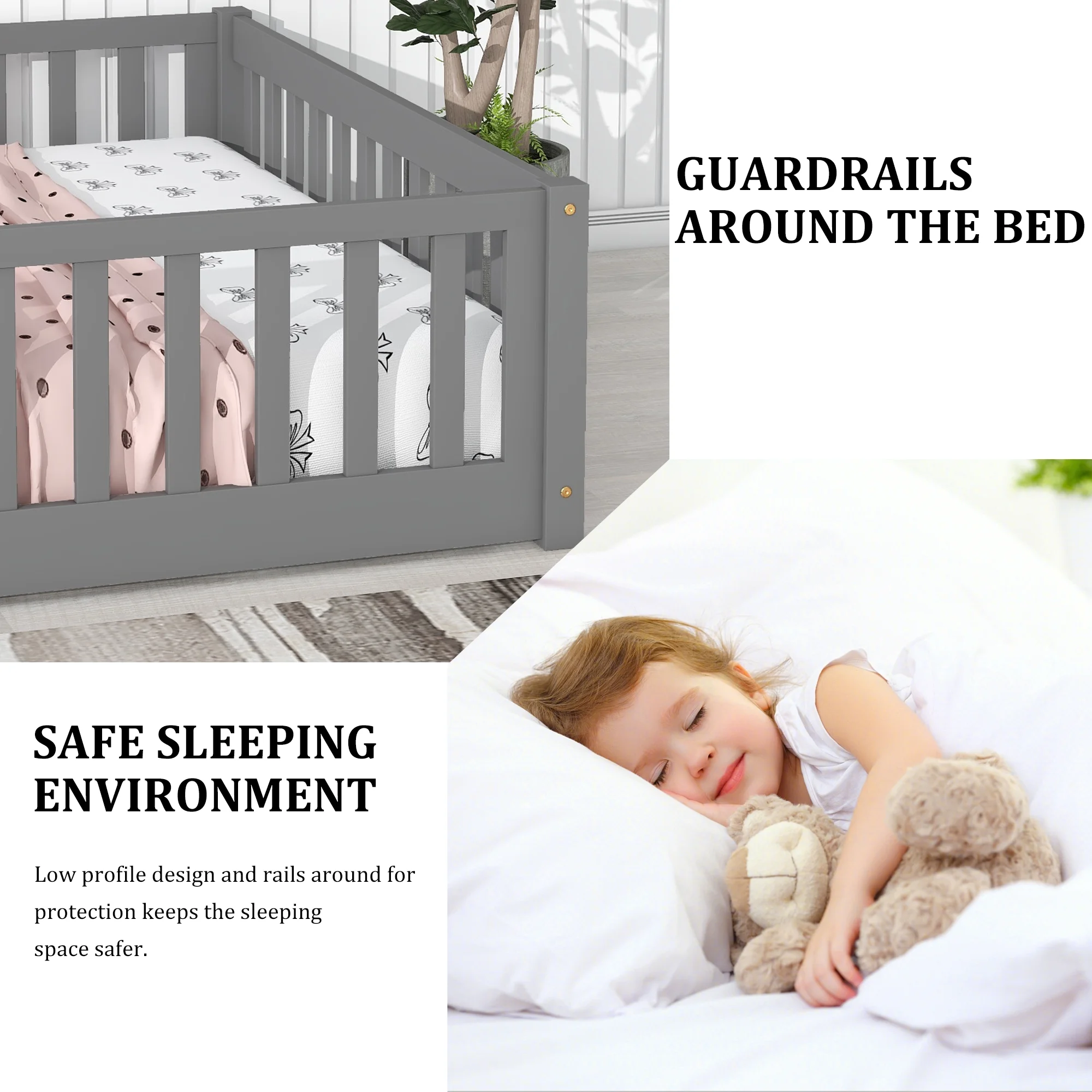 UHOMEPRO Twin Size Floor Bed with Door and Fence, Montessori Floor Bed with Slats and Safety Guardrails, Solid Wood Twin Bed Frame for Bedroom, White - Image 29