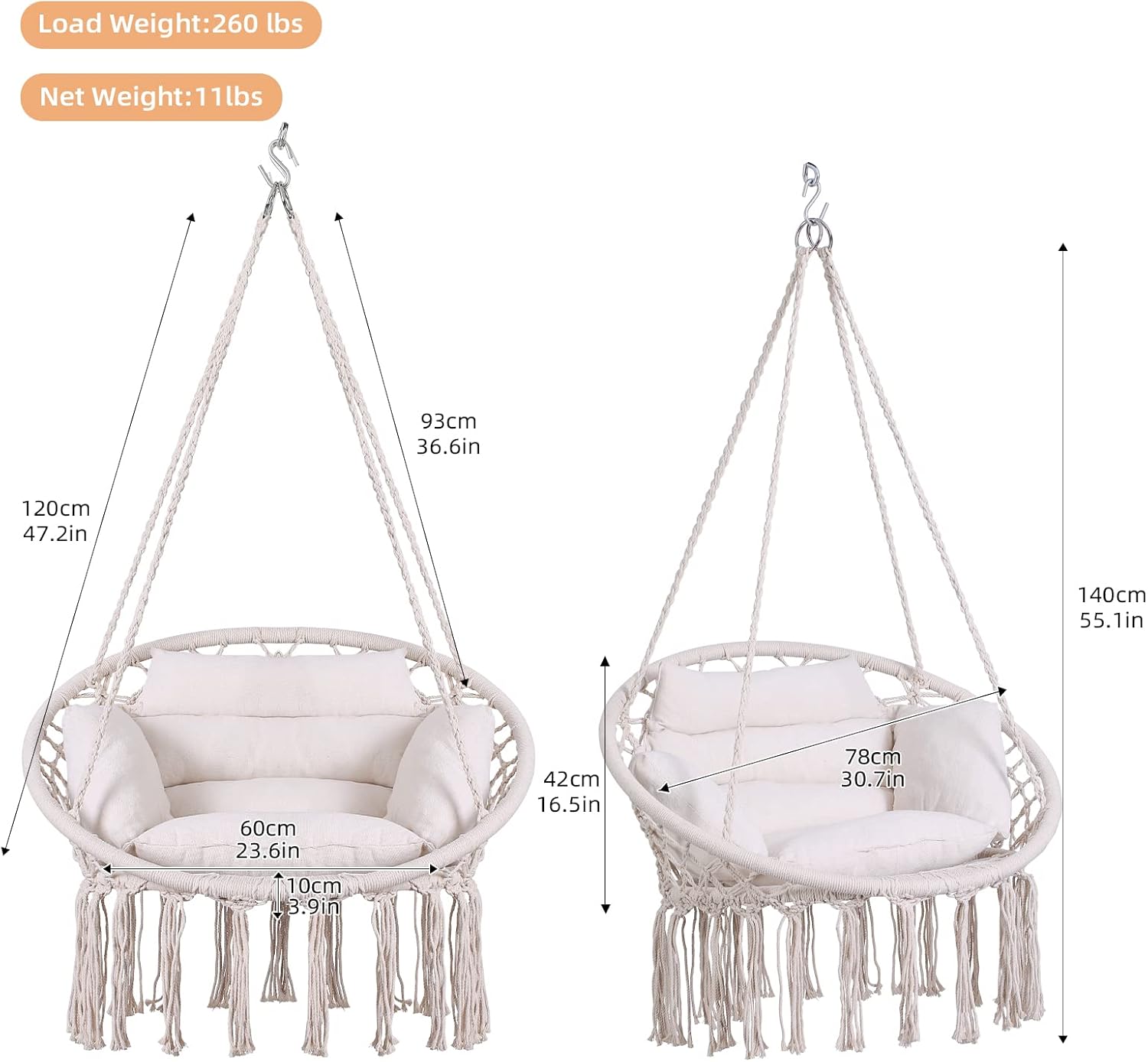 Hammock Chair Macrame Hanging Swing Chairs with Cushion and Hardware Kit Set Ceiling Hook Braided Fringes Hanging Chair