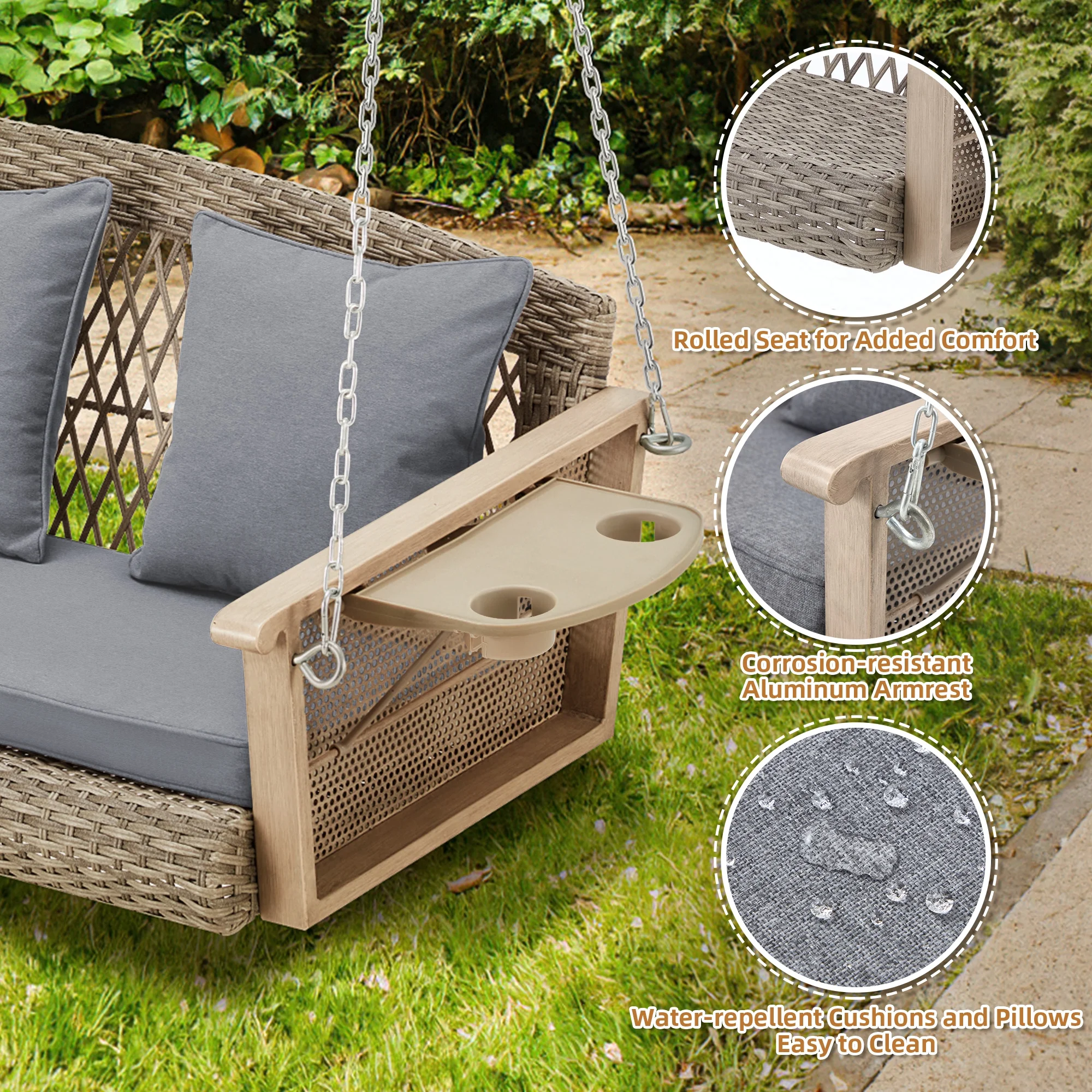 Homrest 3-Person Porch Swing 55in Wicker Hanging Swing Bench with Cushions and Cupholders for Deck, Garden and Backyard, Beige - Image 29