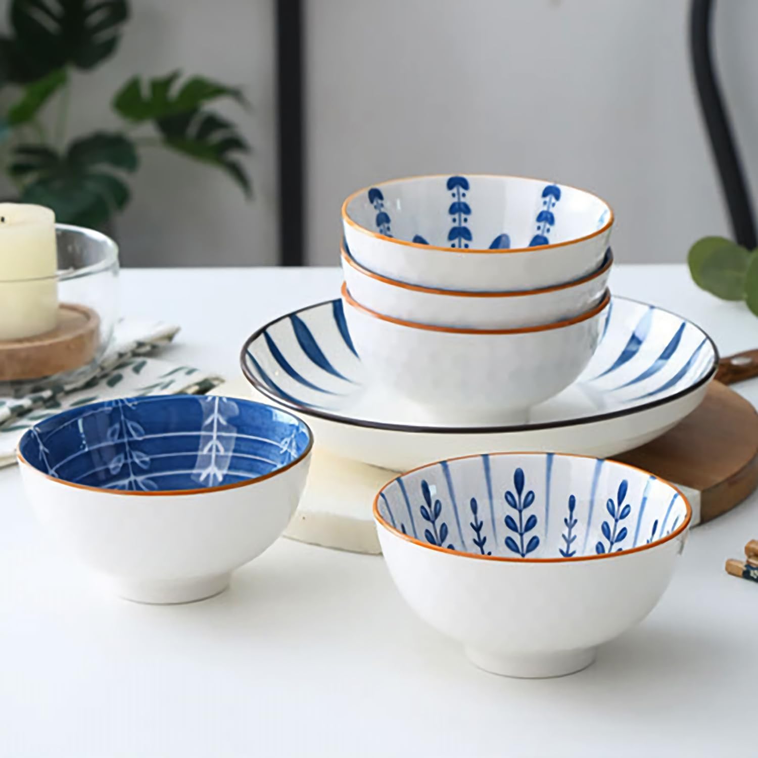 Ceramic Plates and Bowls Set, Japanese Style Dinnerware Set with Gift Box - Blue and White - 4 Rice Bowls and 2 Pasta Bowls - Kitchen Gifts for Women