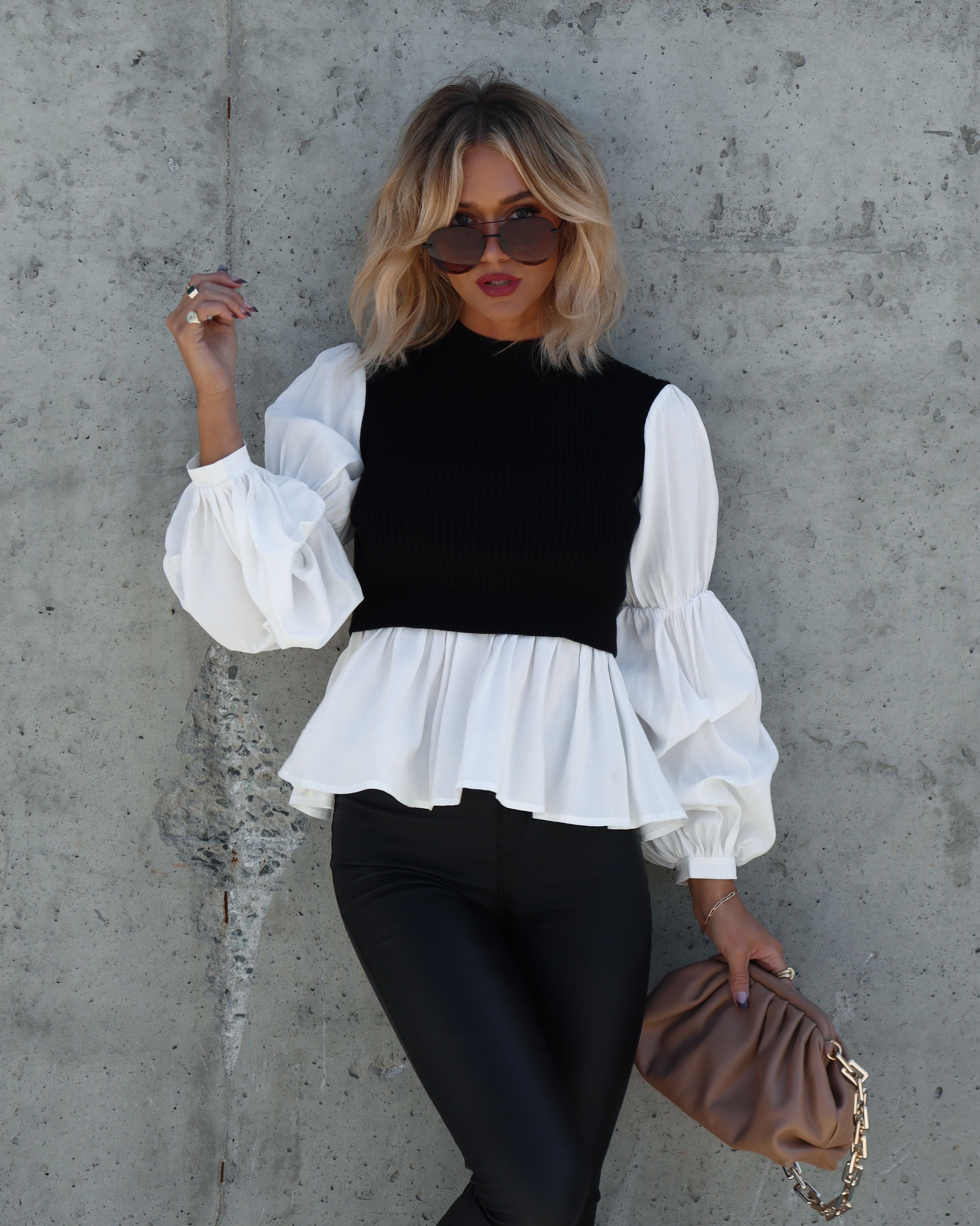 All The Best Contrast Knit Puff Sleeve Top - Black - Se7enfashion