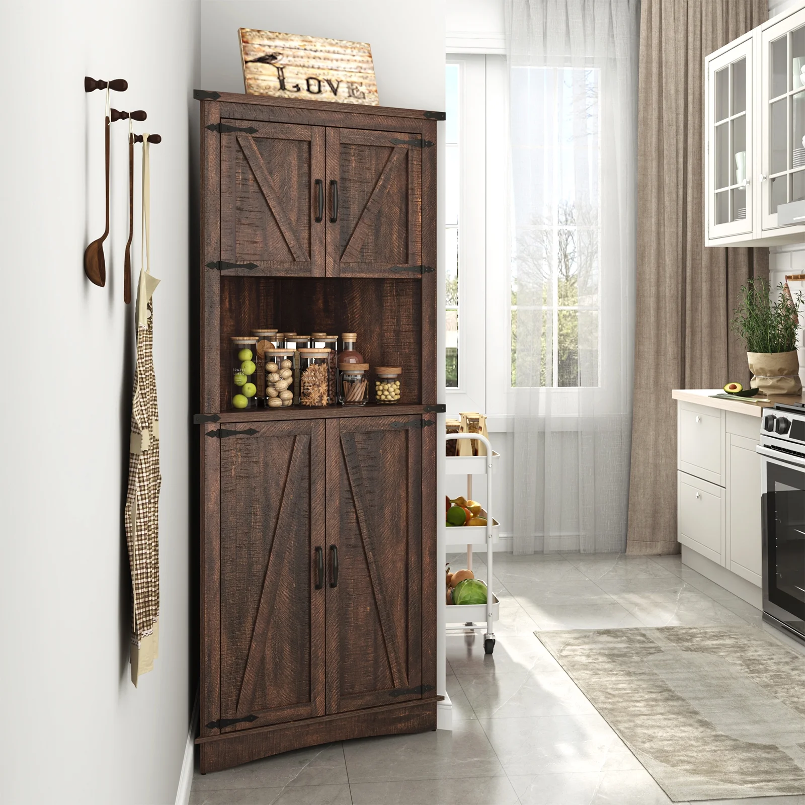 Blotout 68" Tall Farmhouse Corner Cabinet with 4 Doors, 28.3" W Barn Door Storage Cabinet with Adjustable Shelves, 5 Tier Corner Storage Cabinet for Bathroom,Living Room,Kitchen - Image 23