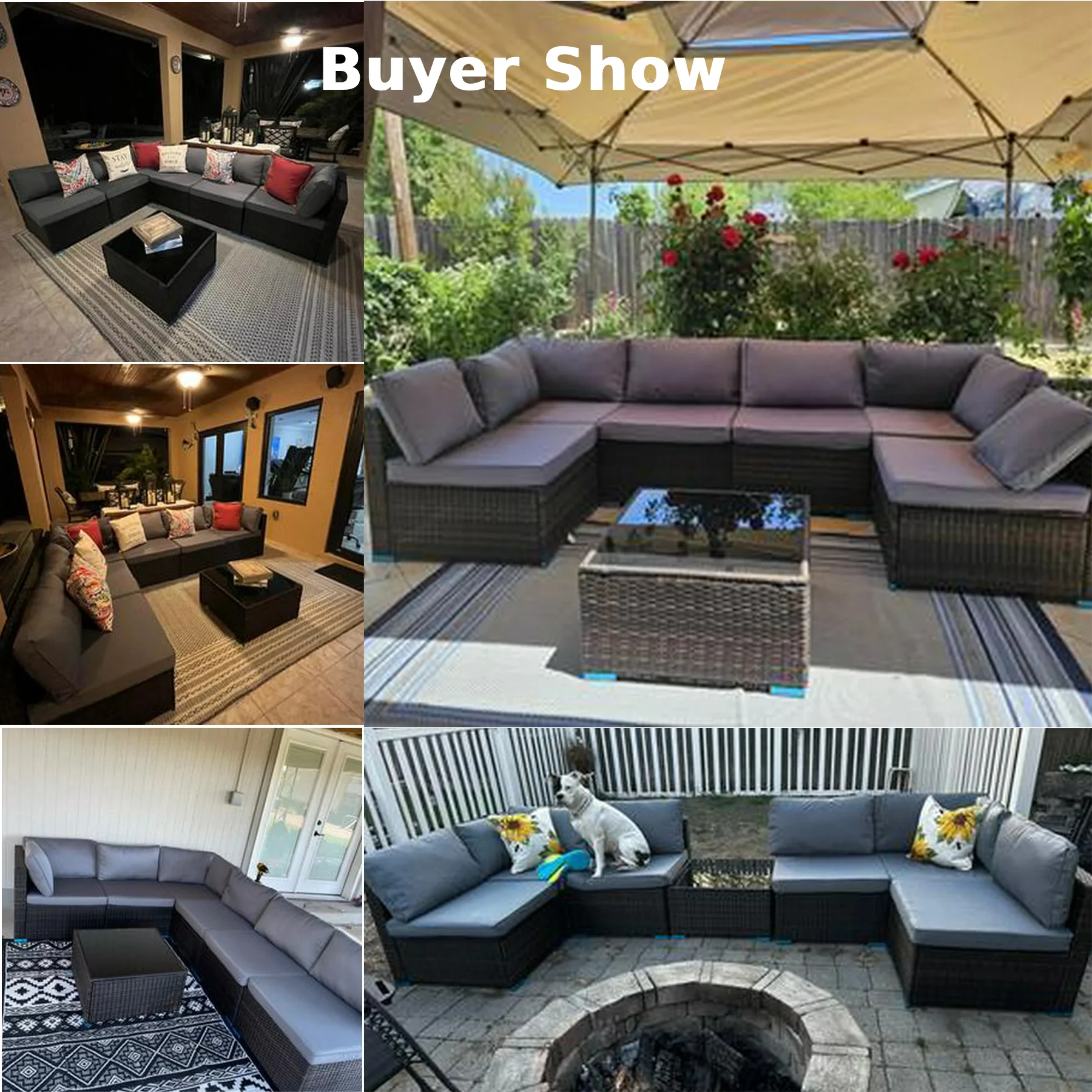 Patio Furniture Set on Sale, Lofka 7-Piece Outdoor Sectional Furniture Set with Glass Coffee Table Garden, Gray - Image 2