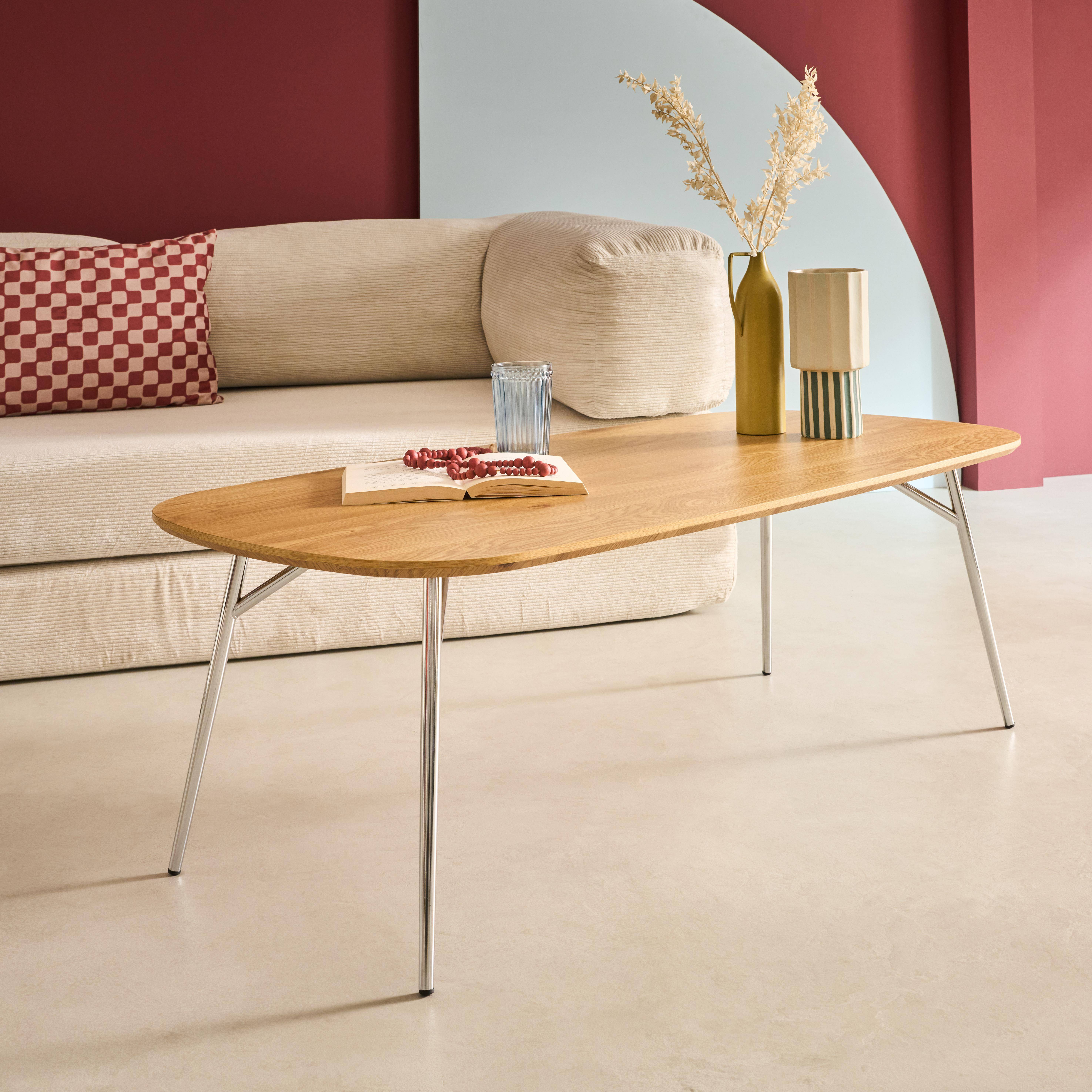 Ezia - Mesa de centro rectangular con patas cromadas y decoración de madera