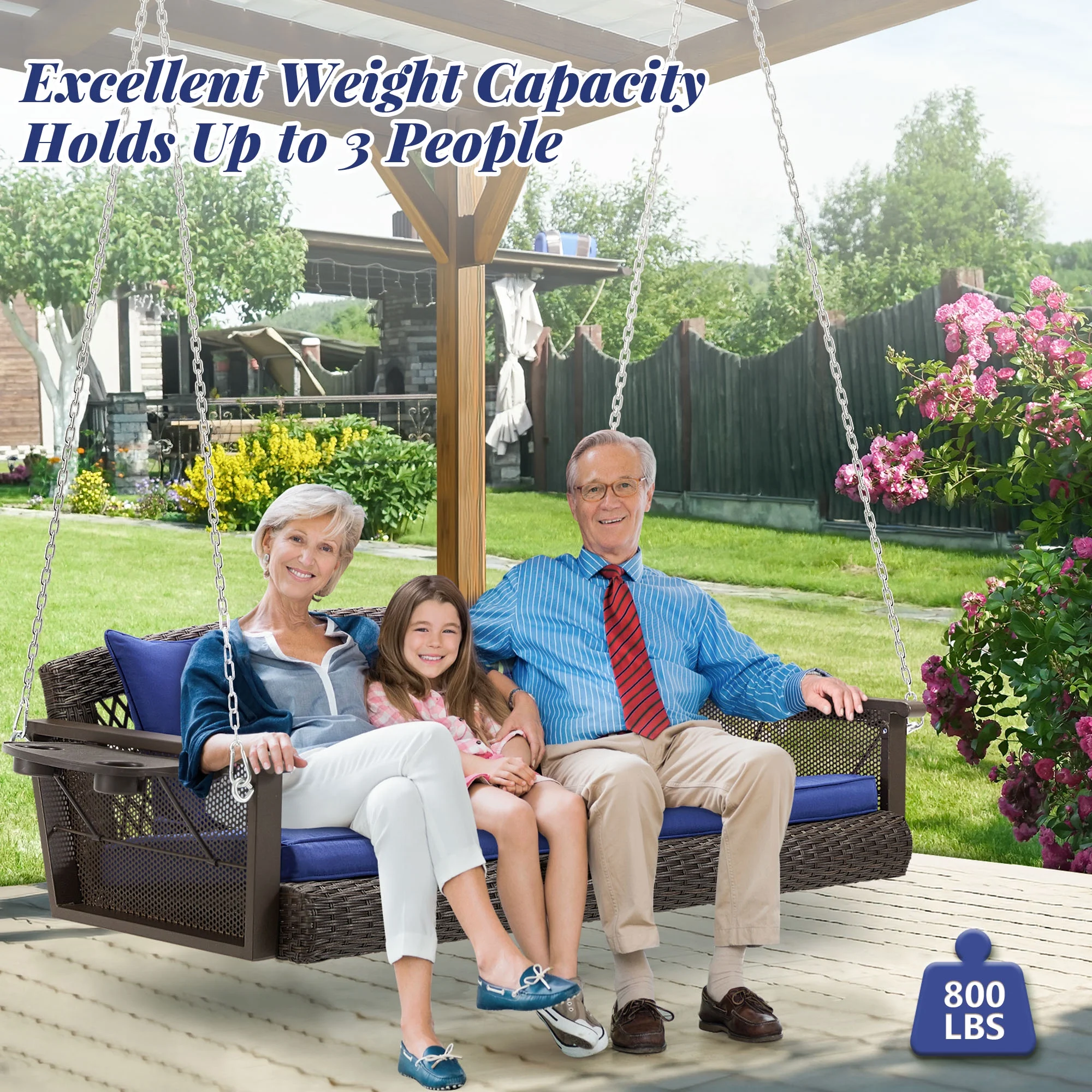 Homrest 3-Person Porch Swing 55in Wicker Hanging Swing Bench with Cushions and Cupholders for Deck, Garden and Backyard, Beige - Image 31