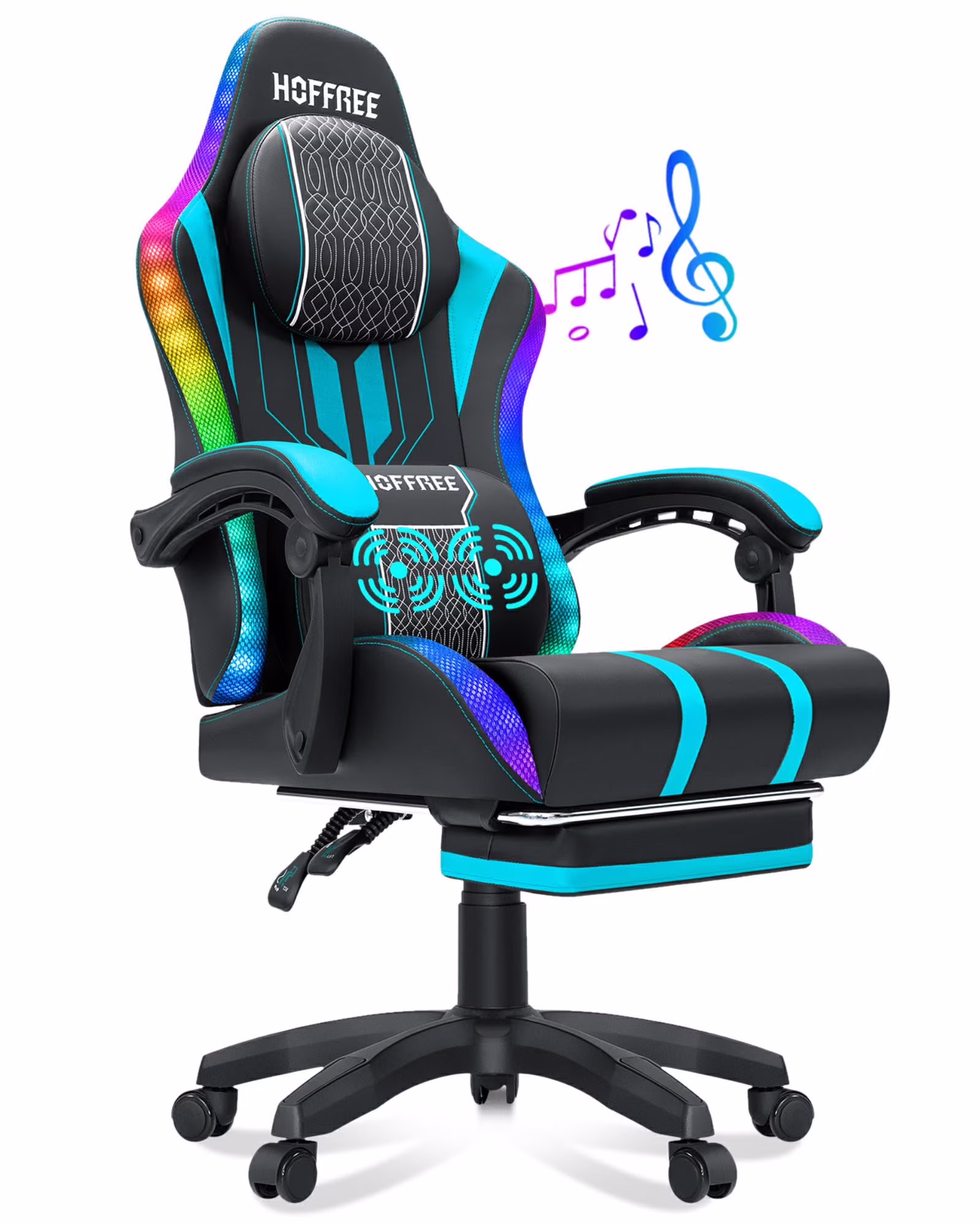 HOFFREE Big and Tall Gaming Chair with Speakers and RGB Lights, Gamer Chair with Footrest, Lumbar Support Height Adjustable 360 - Swivel Seat and Headrest for Adults, 400 lb(Blue)
