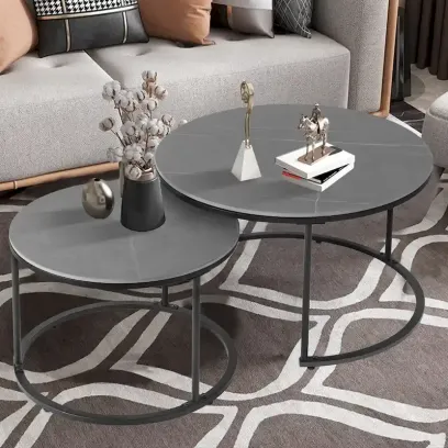Round Sintered Stone Top Nesting Coffee Table with Black Metal Frame - 31.5 x 17.7 Inches