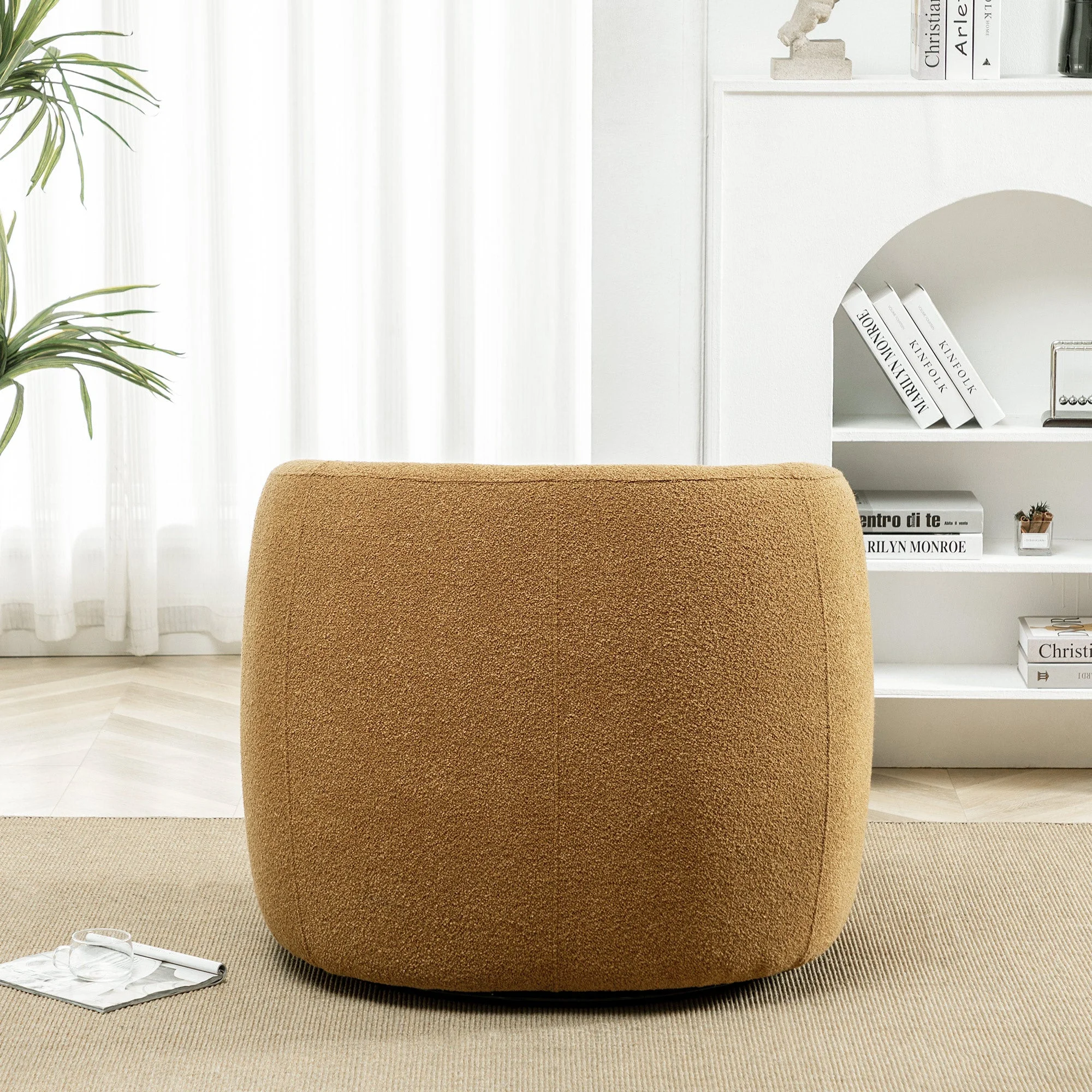 34" Wide Boucle Swivel Barrel Chair, No Assembly Round Upholstered Armchair Accent Chair Single Sofa Chair with Toss Pillow for Living Room and Bedroom, Taupe - Image 43