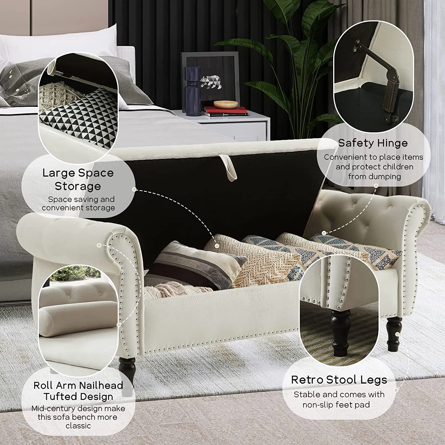 Sumdeal 43.5" Storage Ottoman Bench with 250lb Seating, Linen Upholstered Wood Legs Safety Hinge Flip Top Oval Foot Rest Long Stool for Sofa Couch Bedroom End of Bed Living Room Entryway, White - Image 91