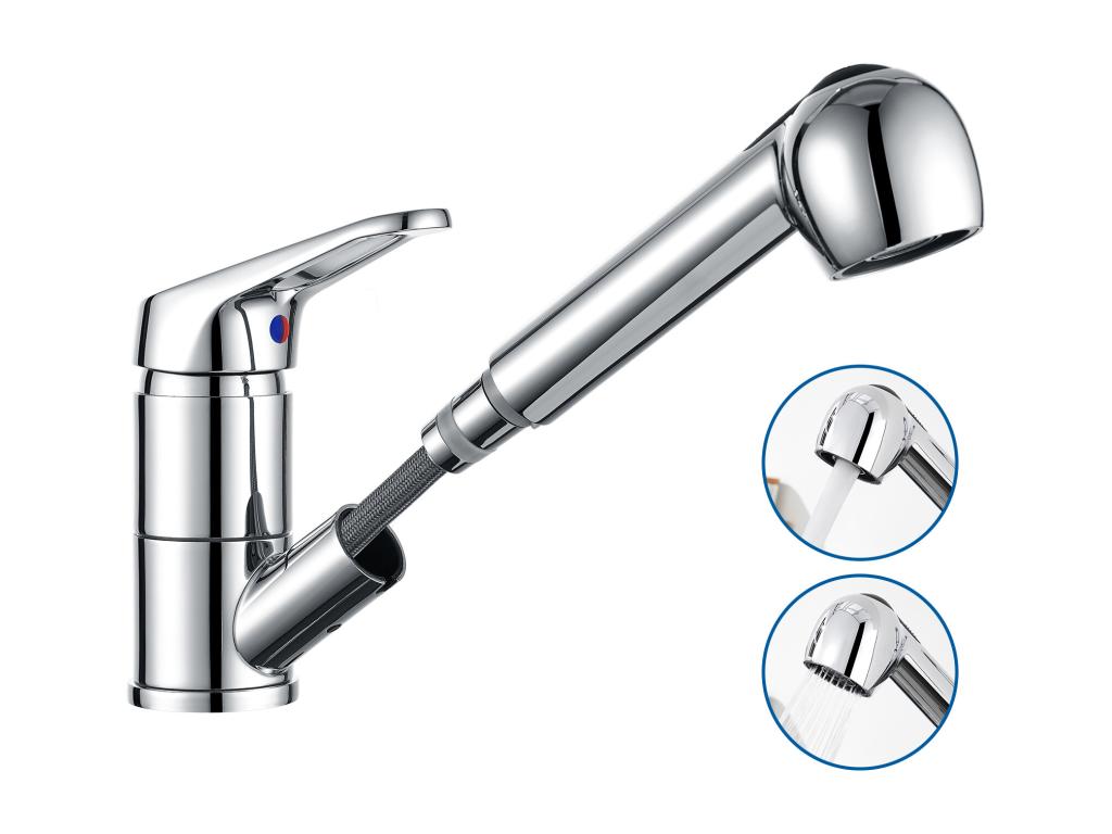 Grifo Cocina Ducha Extraíble,Mestidor Cocina de Inox con Ducha 2 Modos Jet,Co Bajo, PivoTanto a 360°, Agua Fría / Caliente, Cromado
