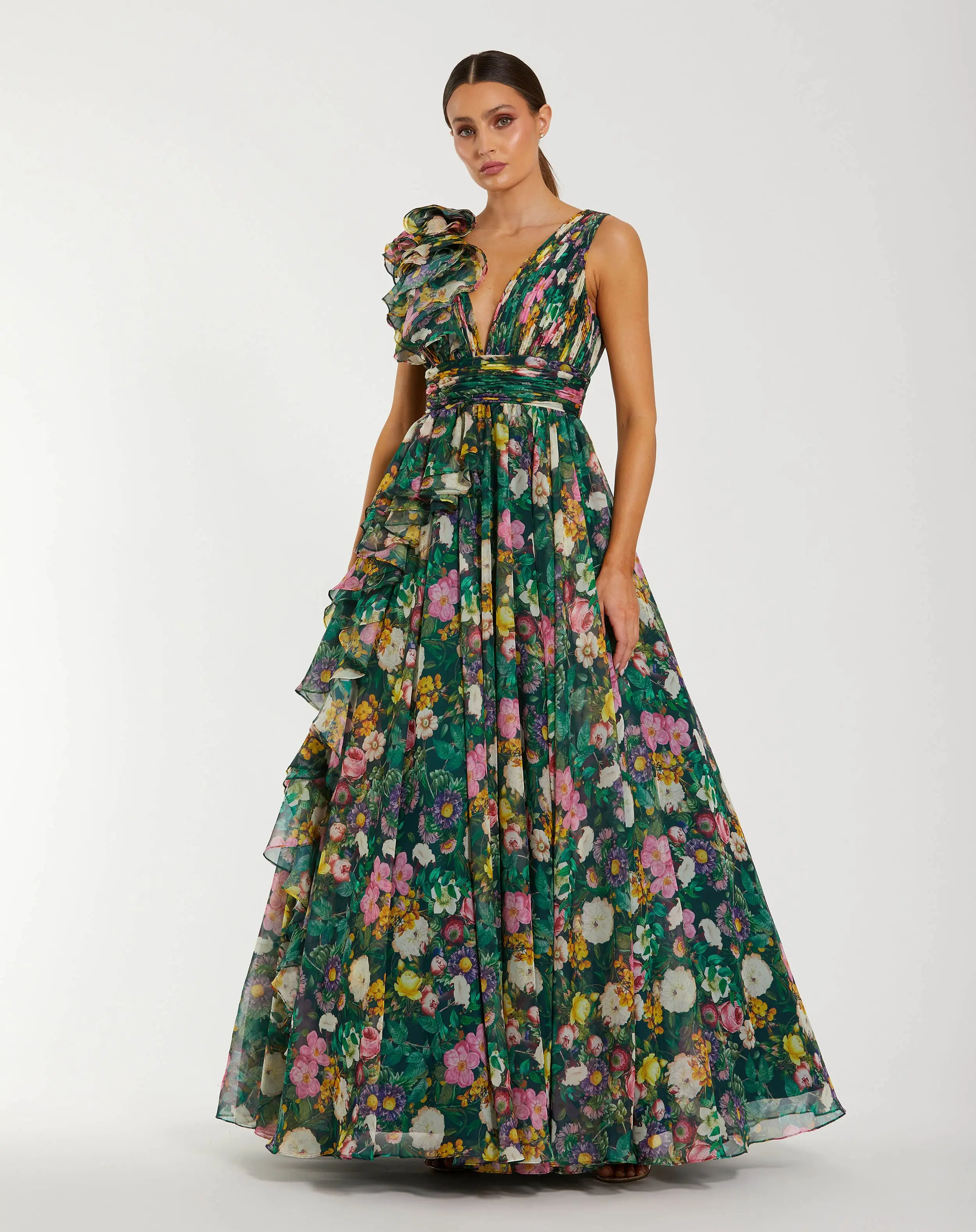 Green Sleeveless V-Neck Floral Chiffon Ruffle Ball Gown - Special Events Unlimited