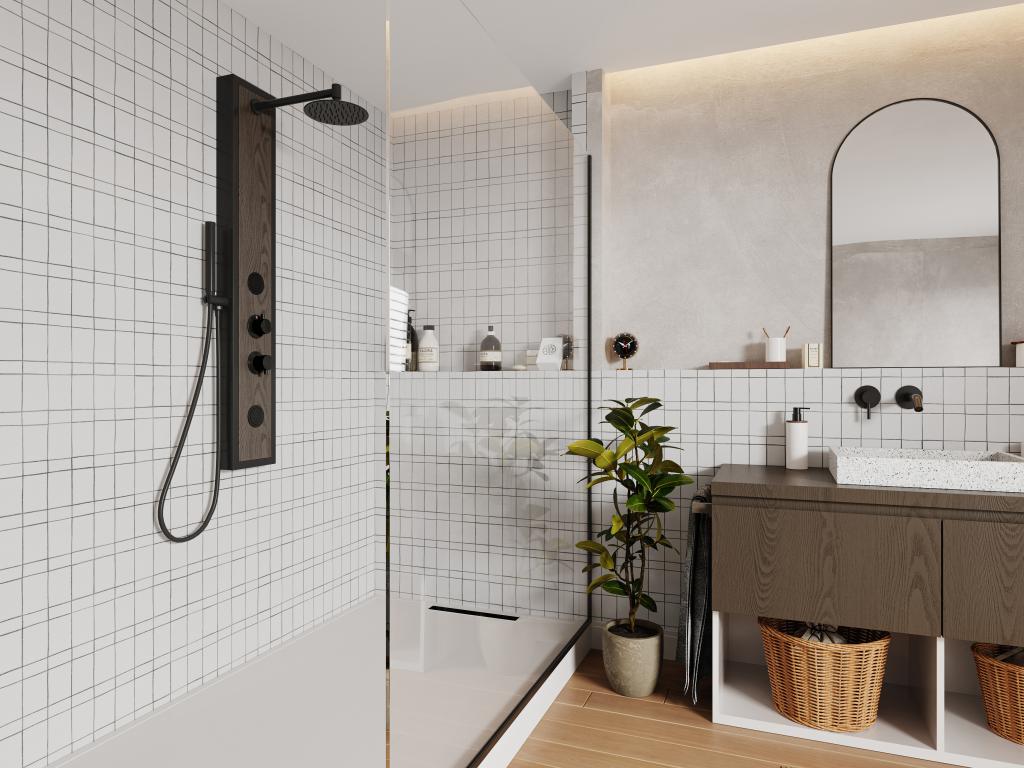Columna de ducha hidromasaje negra con decoración de madera - Alt. 127 x Ancho 48,5 cm - UBALA