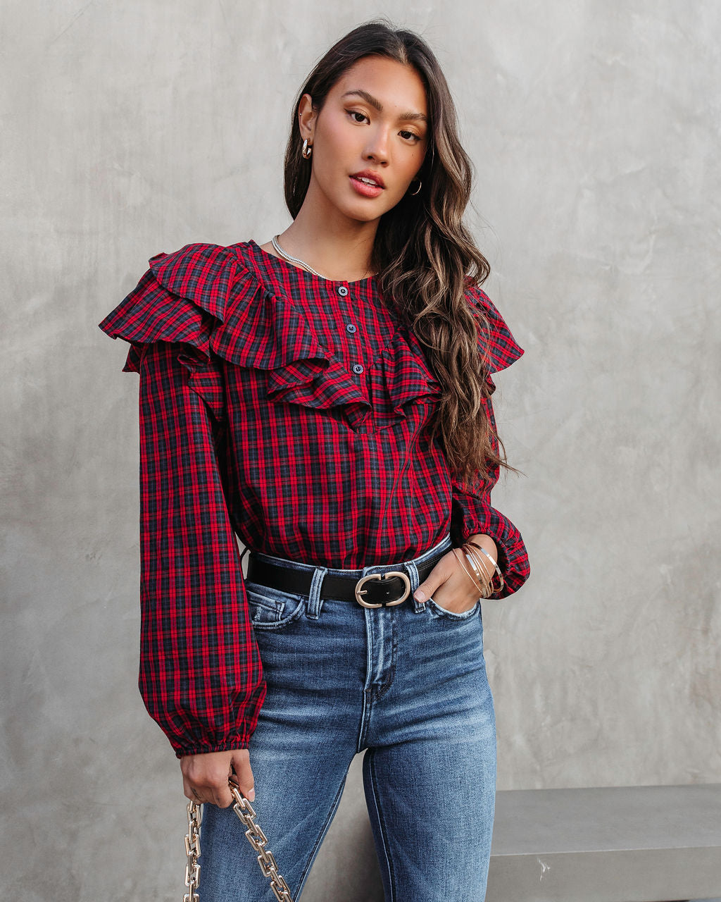 Clara Plaid Ruffle Long Sleeve Top - Red - Se7enfashion