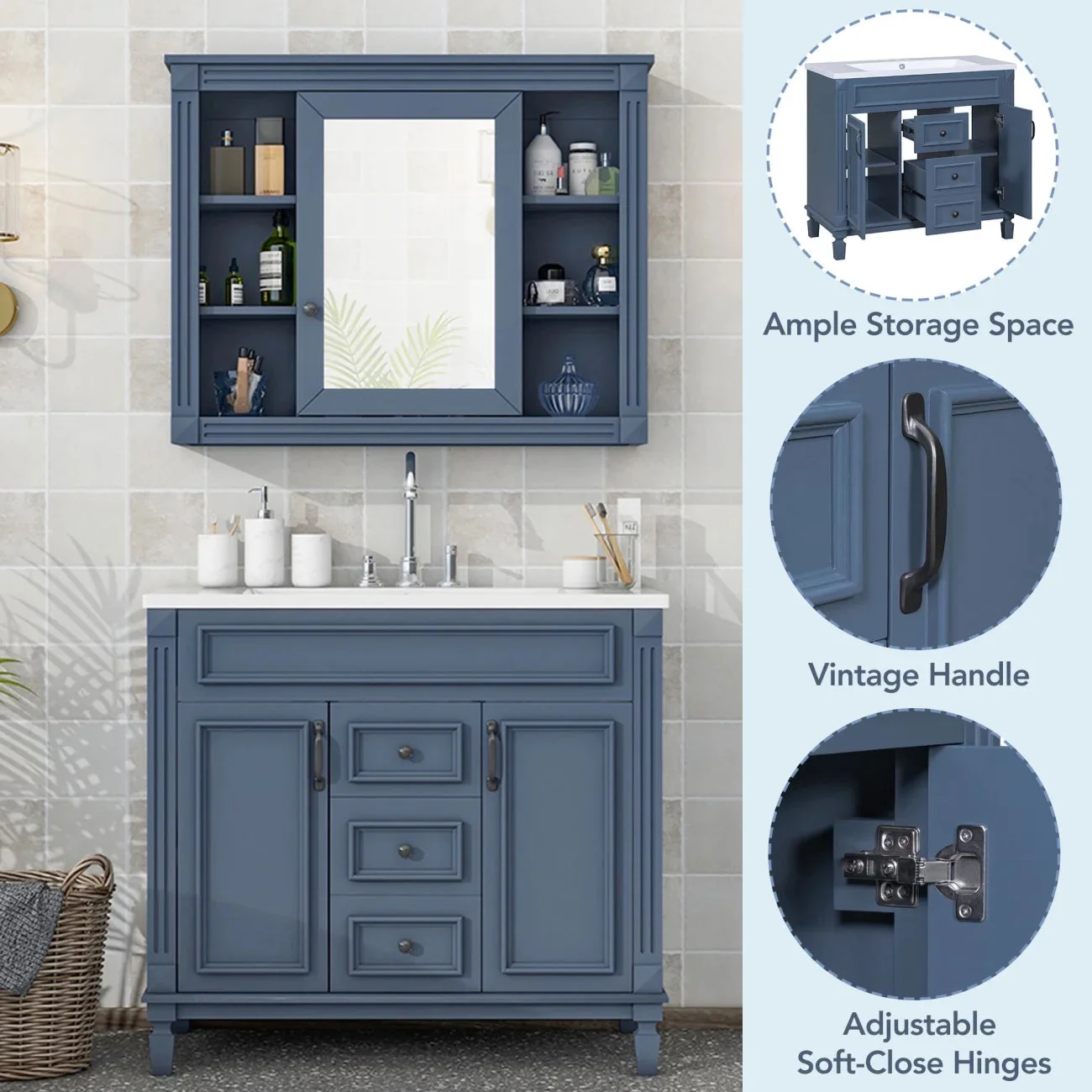 36'' Bathroom Vanity Set With Ceramic Sink Top, Mirror Cabinet, 2 Doors And 2 Drawers - Gray - Image 13 36'' Bathroom Vanity Set With Ceramic Sink Top, Mirror Cabinet, 2 Doors And 2 Drawers - Gray - Image 13
