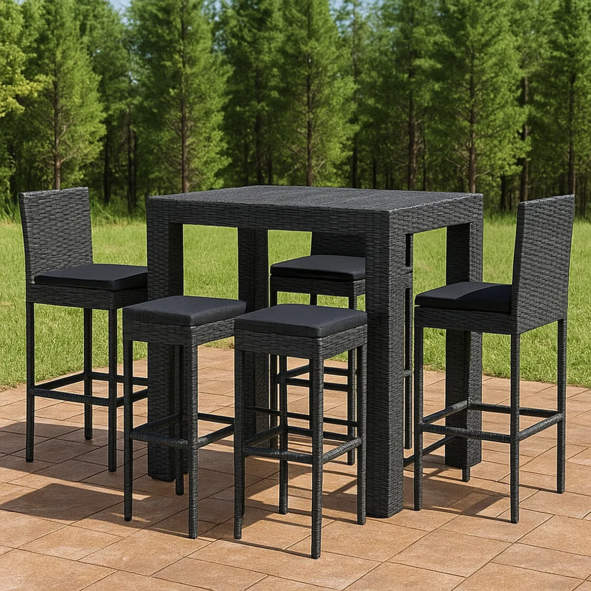 Conjunto de bar para jardín 6 pzas ratán sintético negro con cojines – mesa alta y 3 taburetes con respaldo y 2 sin respaldo