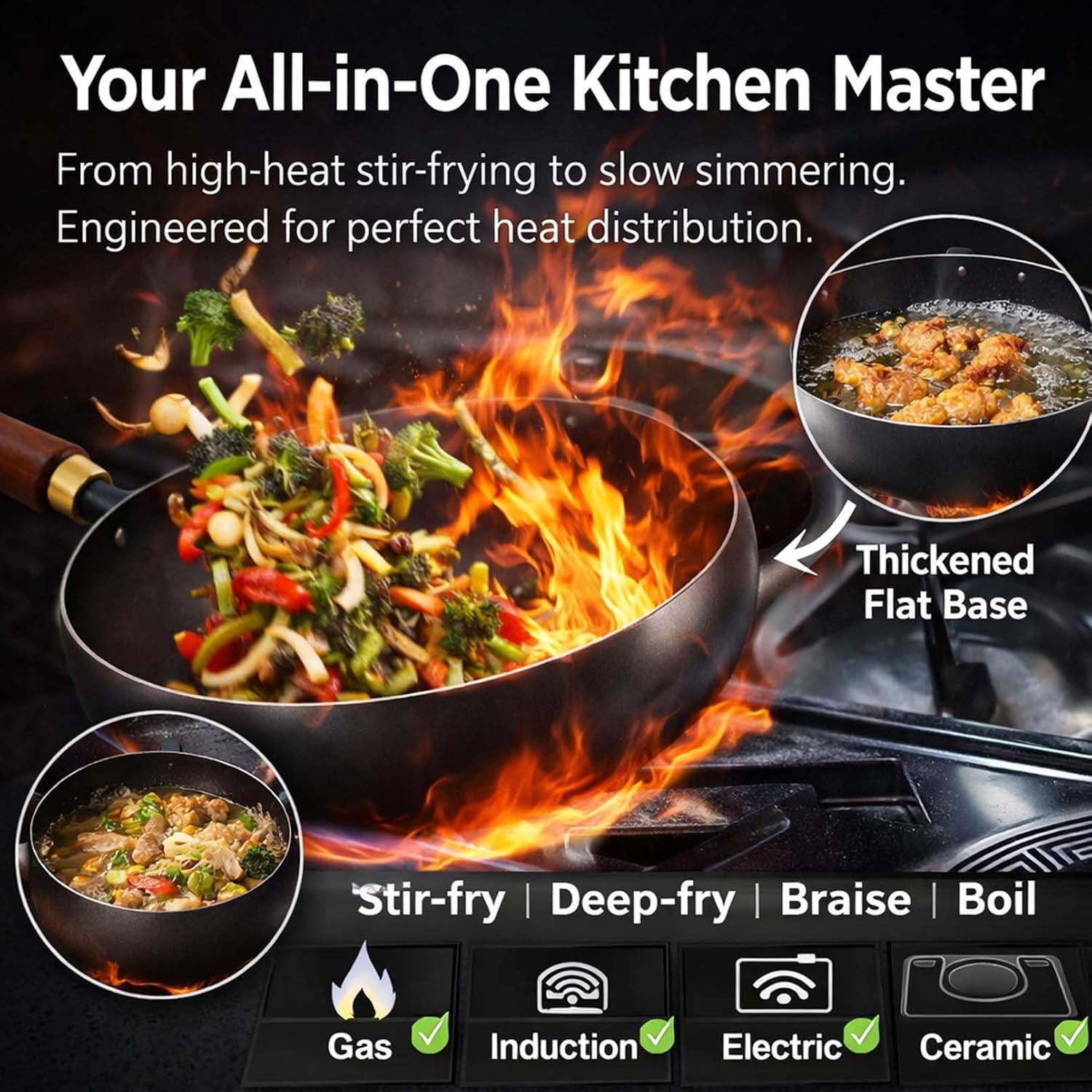 Traditional Forged Big-Belly Pot - Japanese-Style Big Belly Iron Wok with Lid, Nitrided Rust-Resistant & Uncoated Non-Stick Deep Frying Pan- Includes Wooden Spatula (No pot lid,24cm)