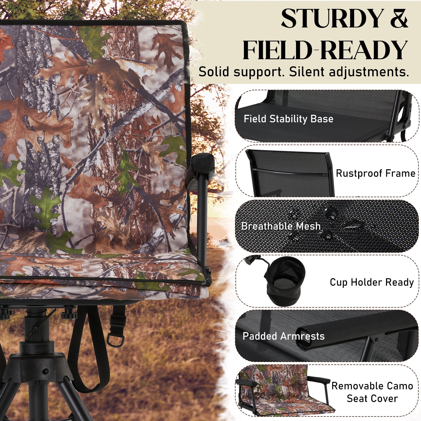 Danrelax 360- Silent Camo Hunting Blind Chair, Armrests, Side Pouch, Telescopic Legs - Image 8