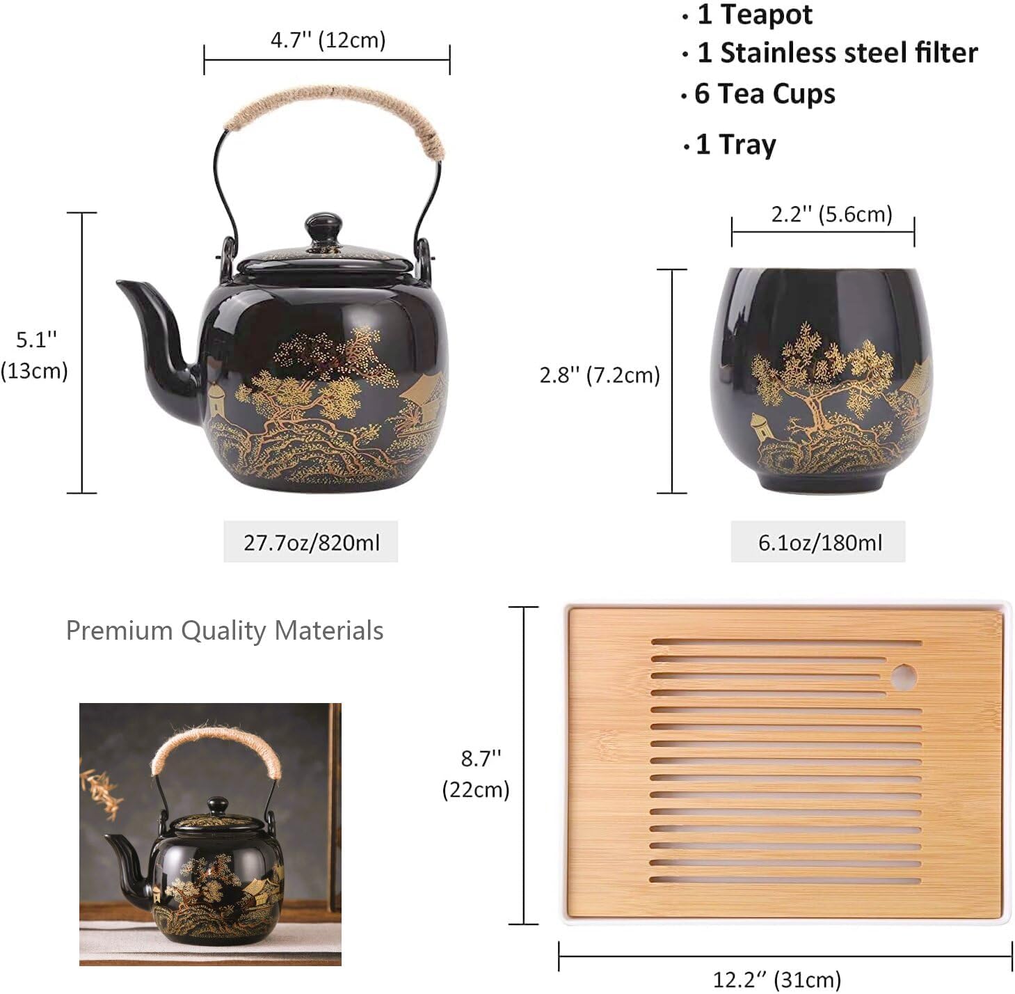 Japanese Tea Set for Adults - Elegant Golden Countryside Theme with Teapot, 6 Cups & Tea Tray, Stainless Steel Infuser - Traditional Asian Gift for Women Men, Housewarming, Wedding